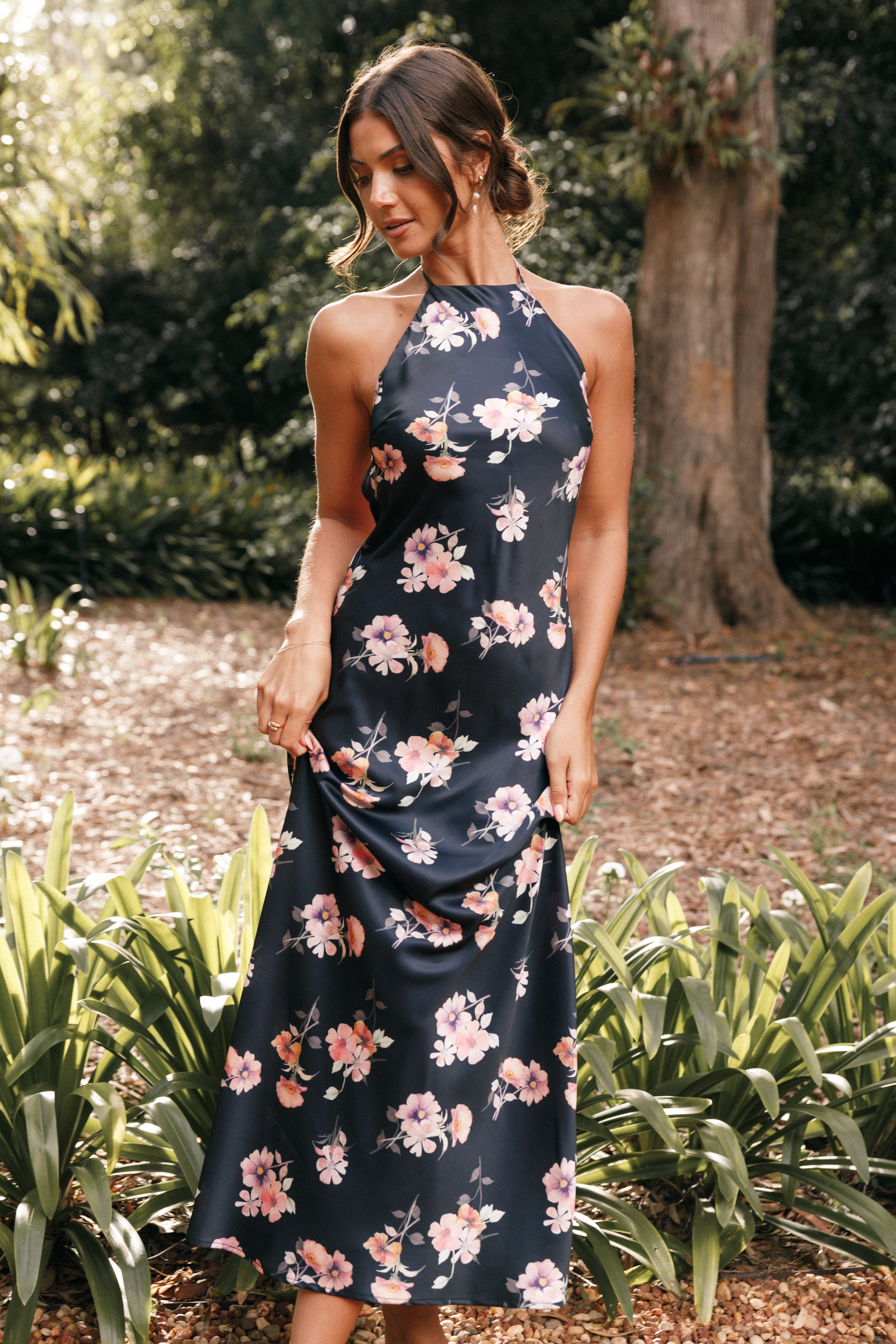 Black Floral Halterneck Maxi Dress - Satin Open Back Design