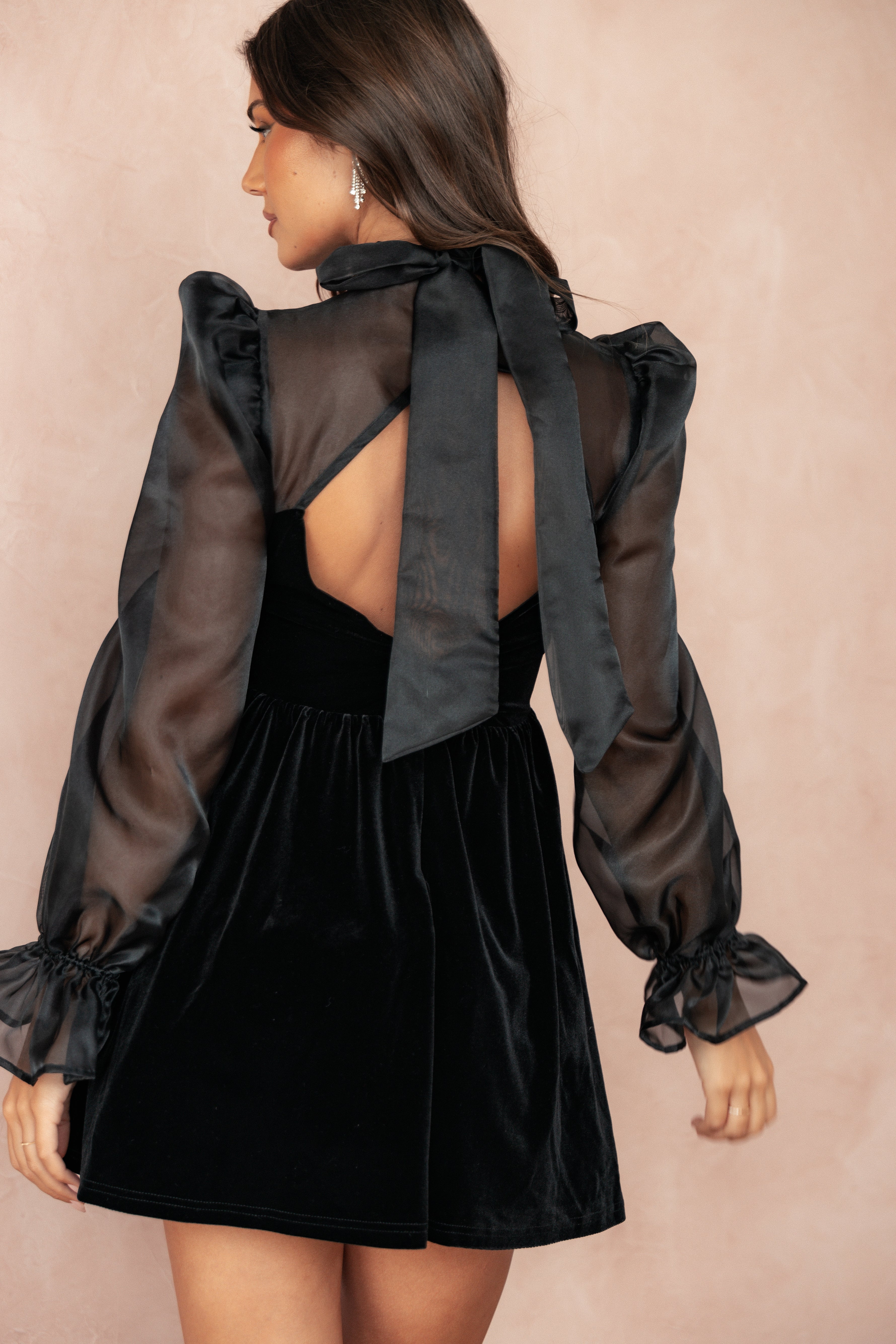 Blaire Black Velvet Mini Dress with Long Sheer Sleeves & Corset Bodice