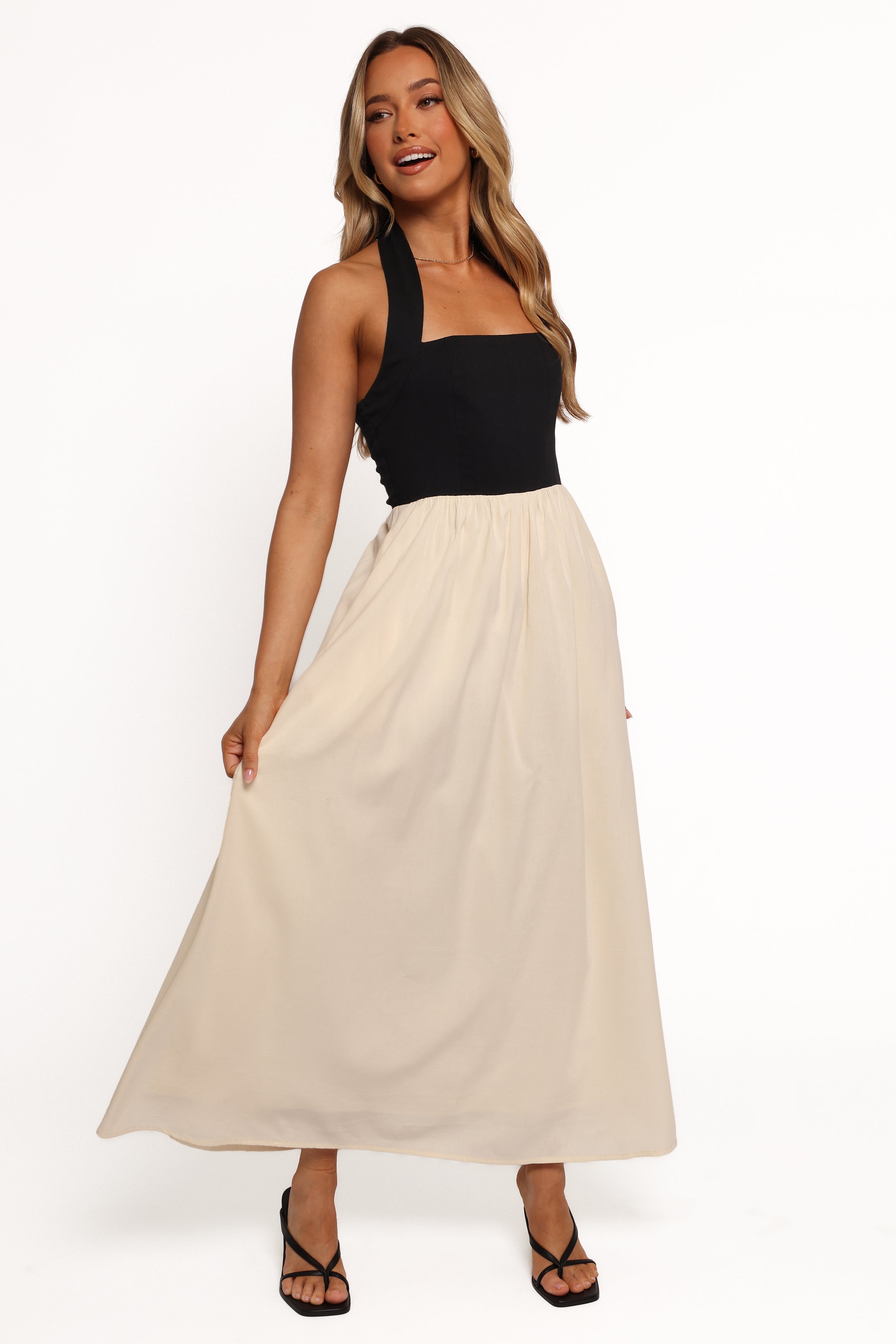 Jayden Halterneck Maxi Dress with Pockets - Black & Cream