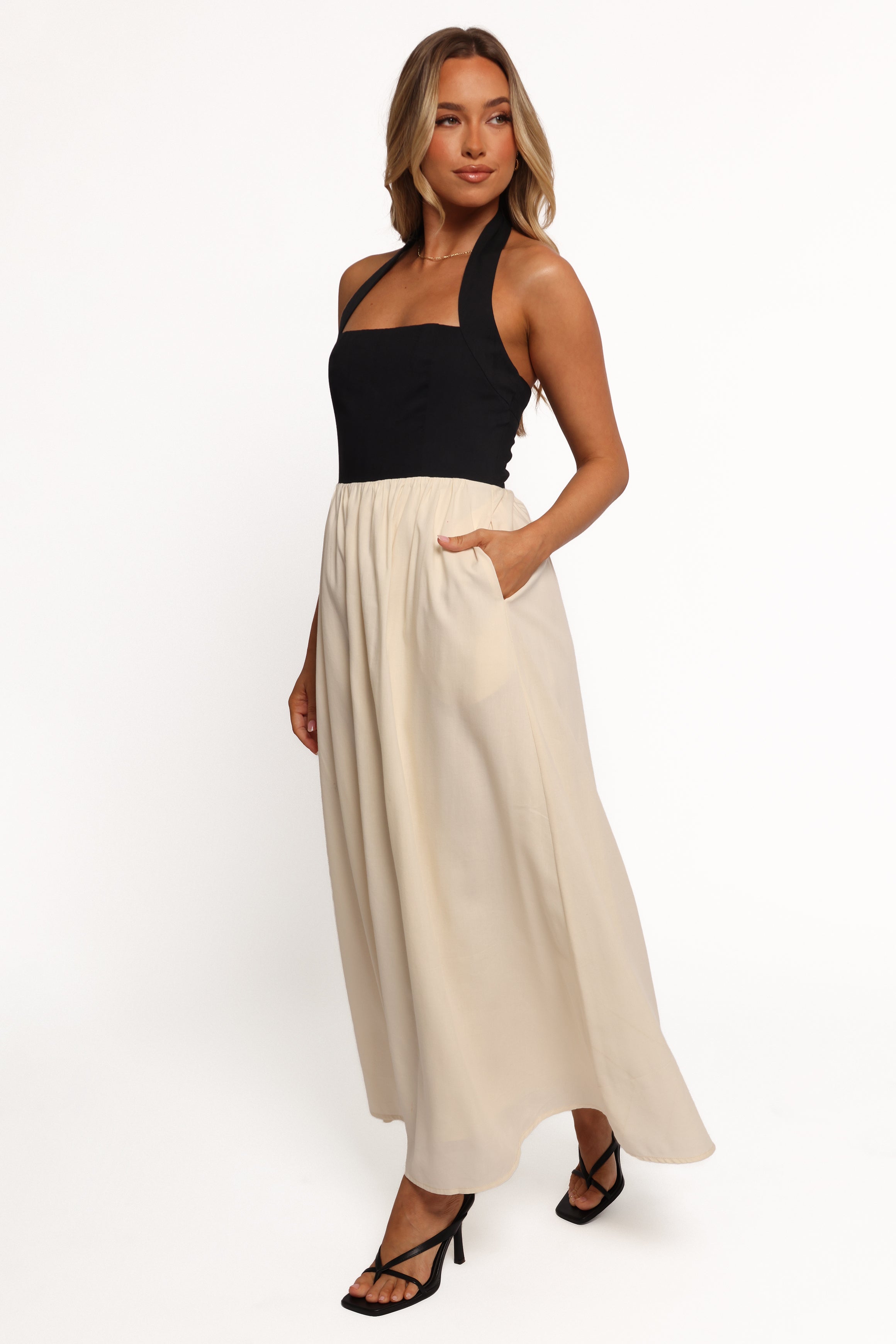 Jayden Halterneck Maxi Dress with Pockets - Black & Cream