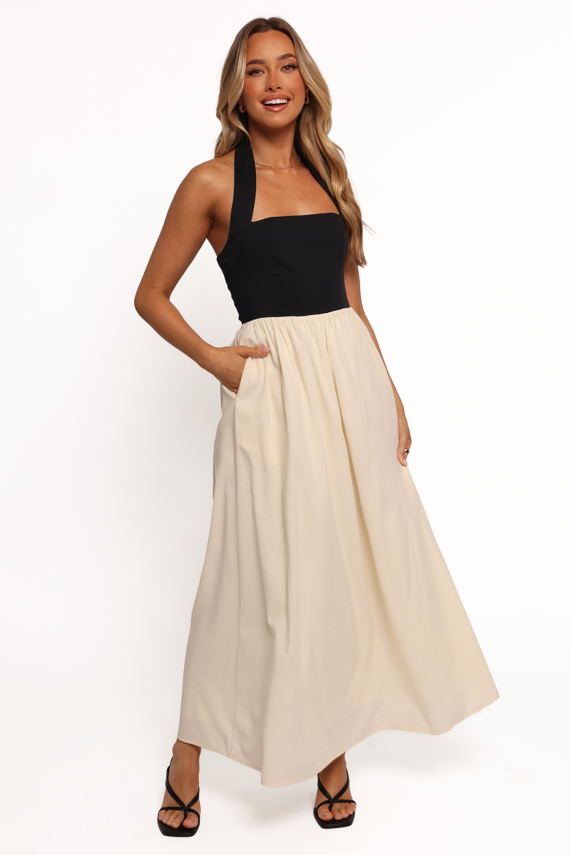 Jayden Halterneck Maxi Dress with Pockets - Black & Cream