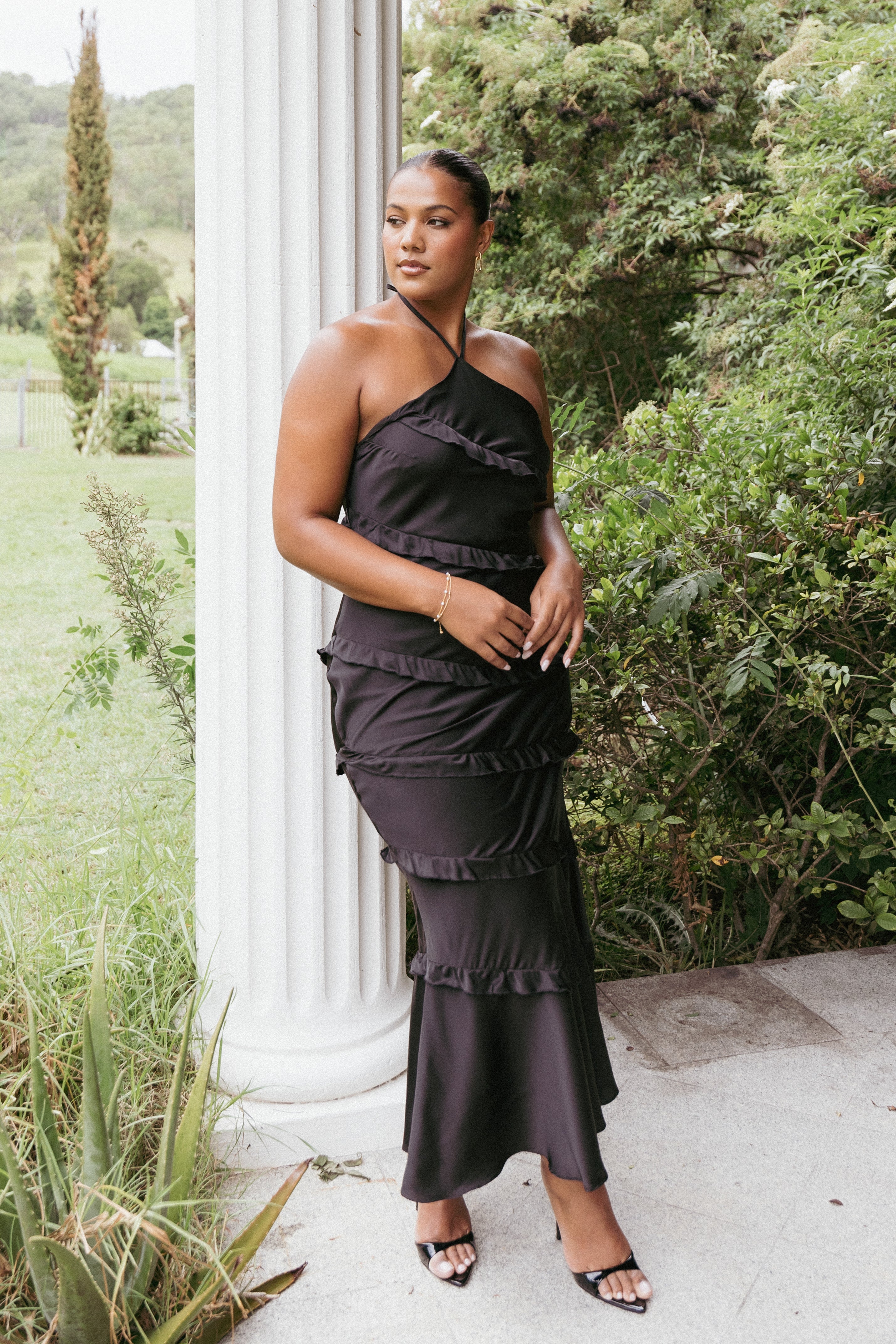 Black Halterneck Maxi Dress with Ruffle Detail - Roxanne