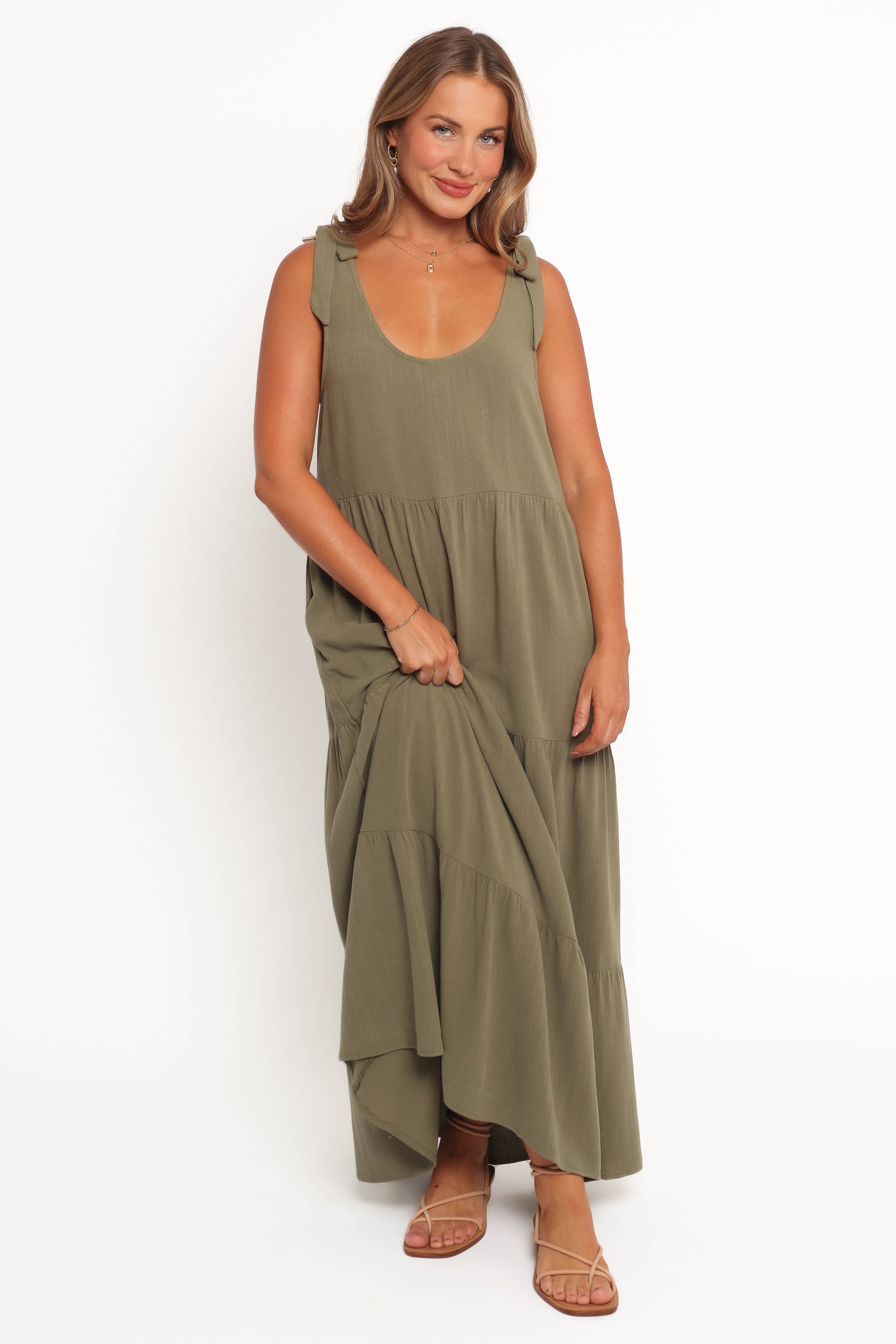 Linen Midi Dress with Pockets - Marcy Olive Tiered Dress