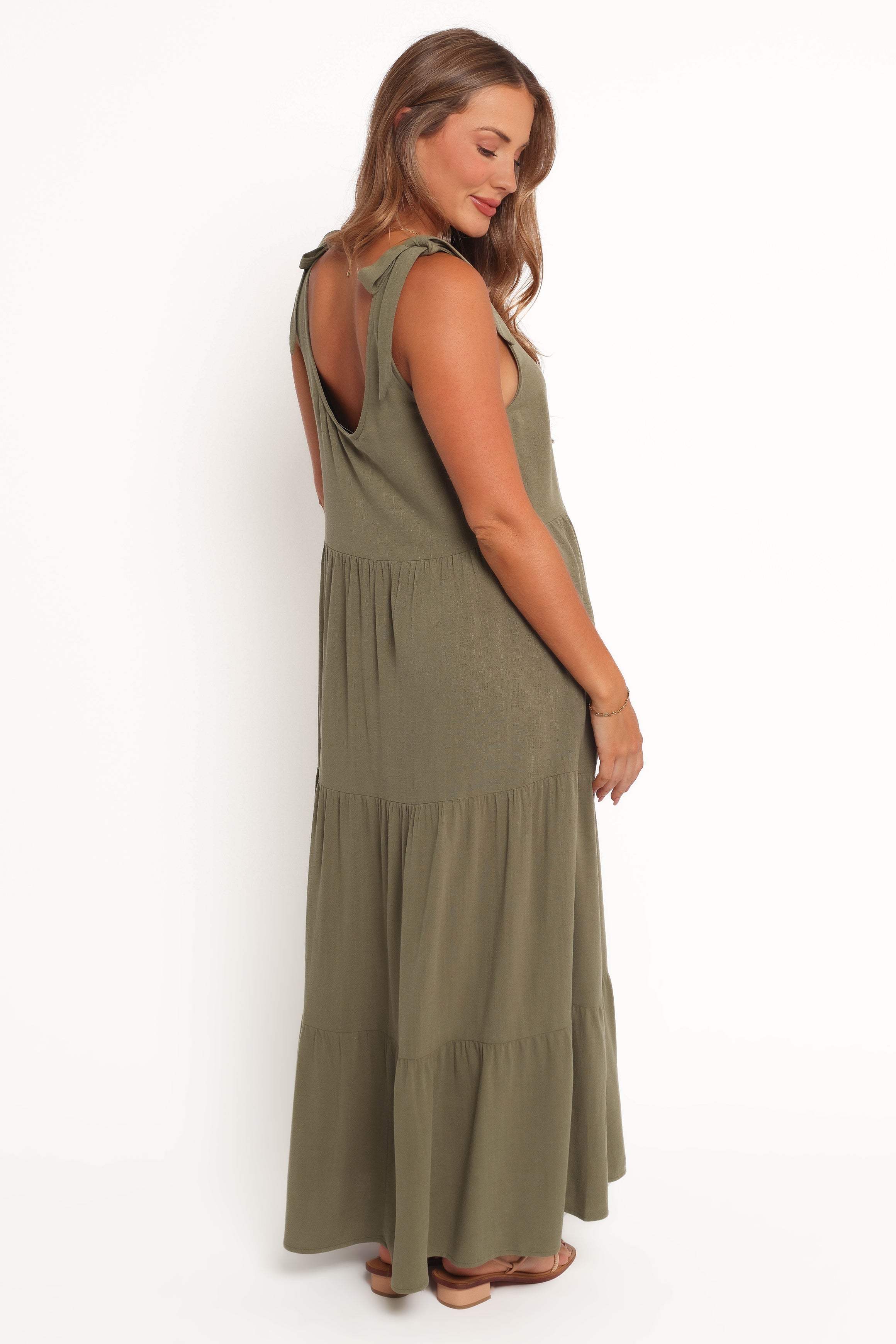 Linen Midi Dress with Pockets - Marcy Olive Tiered Dress