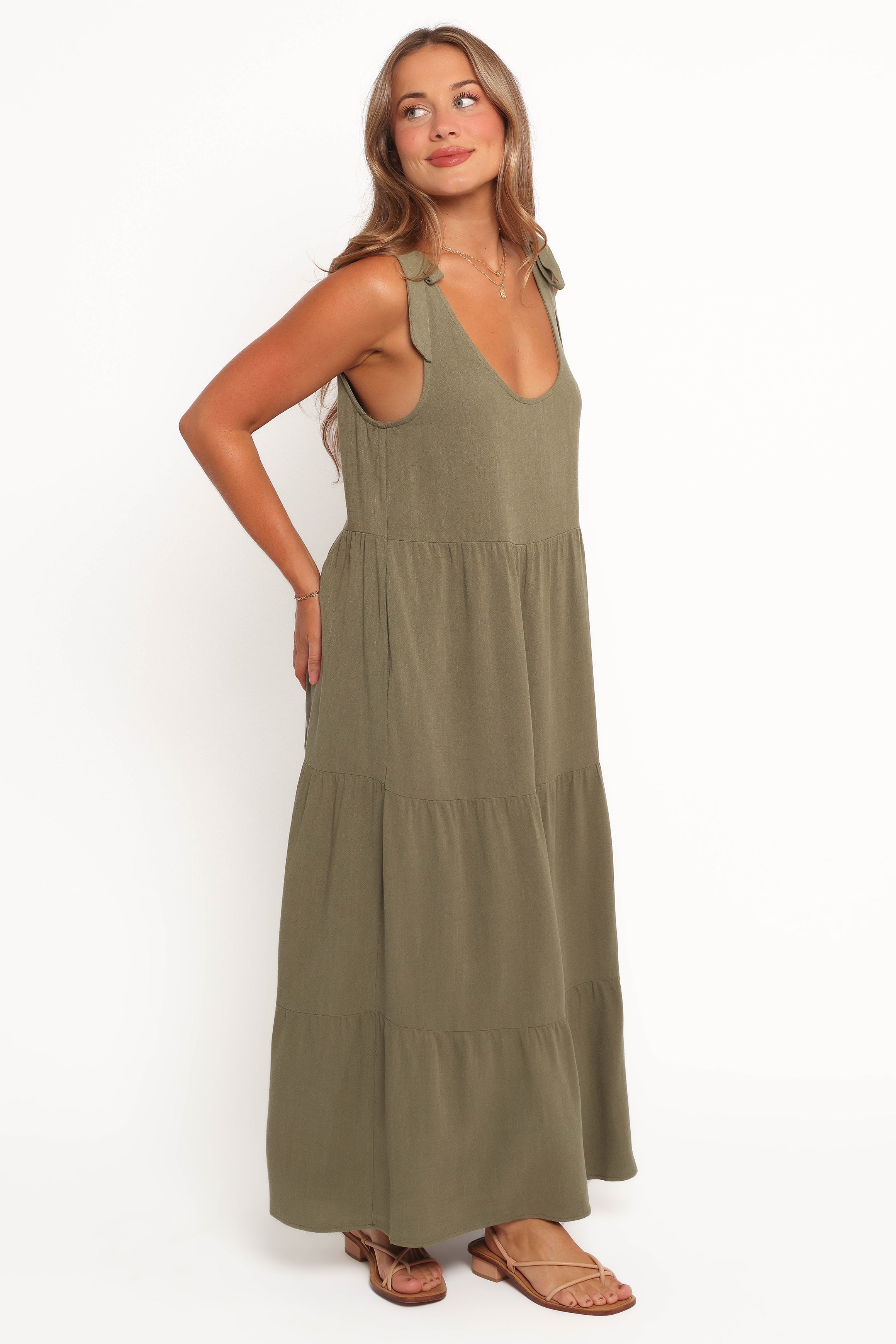 Linen Midi Dress with Pockets - Marcy Olive Tiered Dress