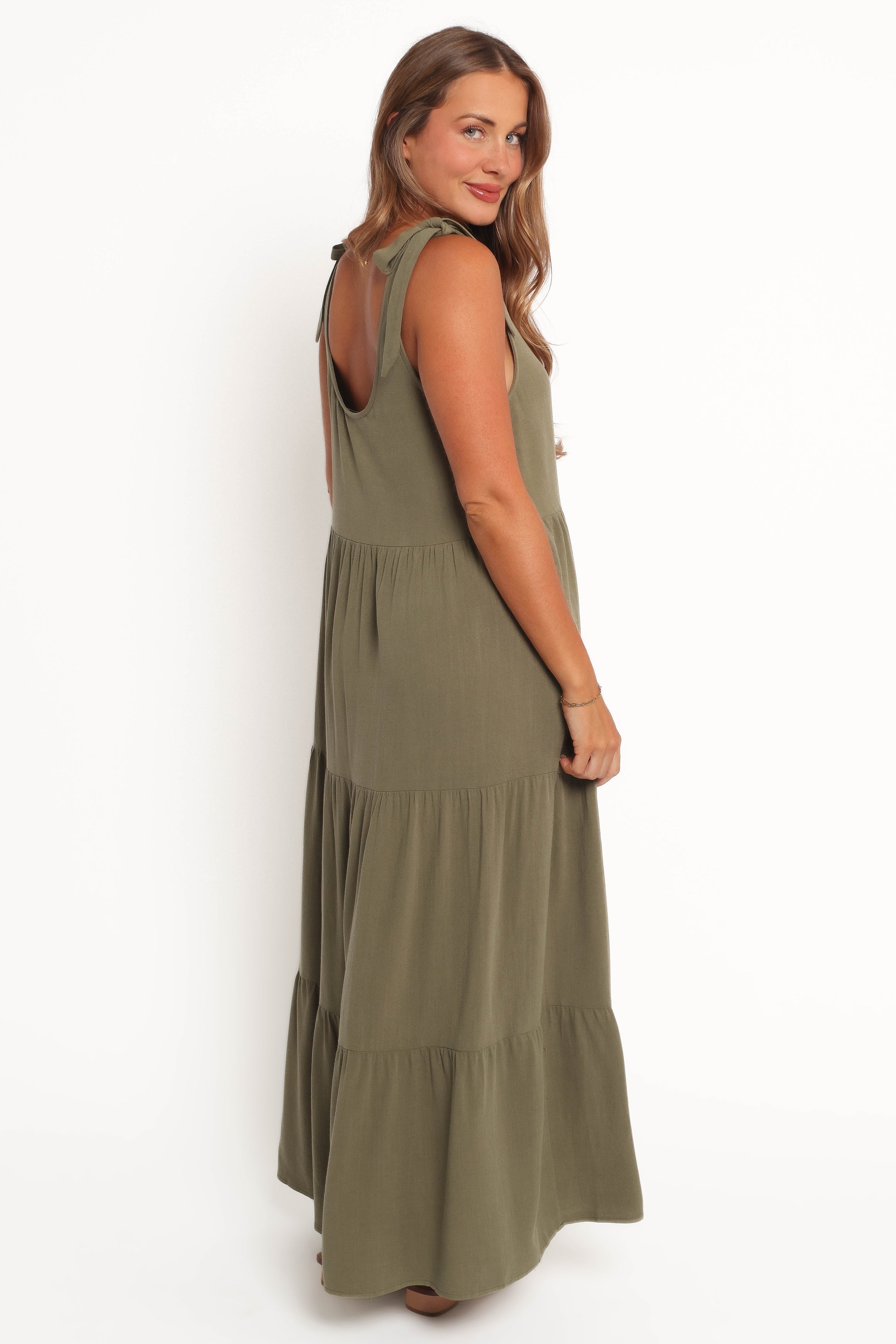 Linen Midi Dress with Pockets - Marcy Olive Tiered Dress