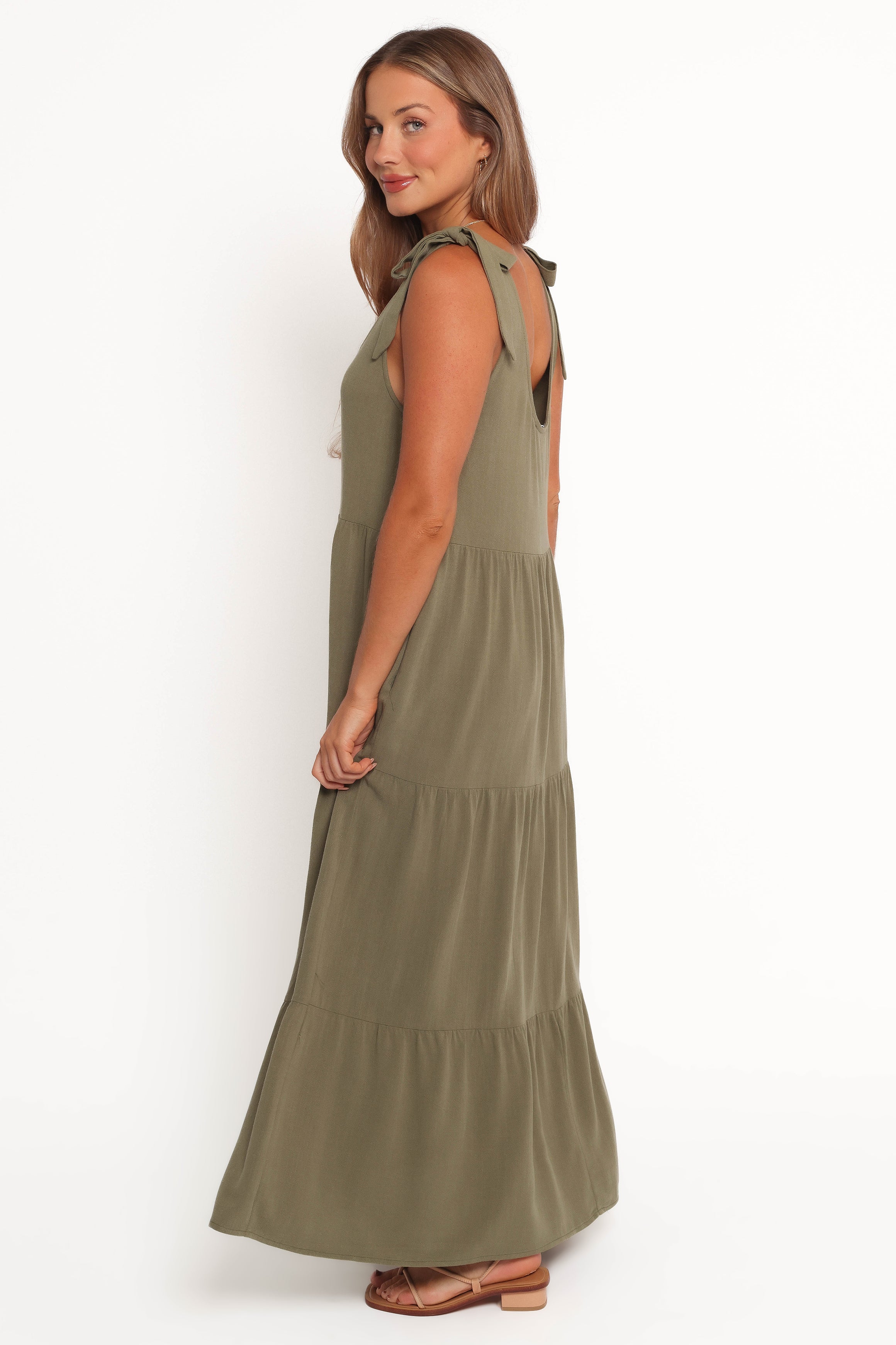 Linen Midi Dress with Pockets - Marcy Olive Tiered Dress