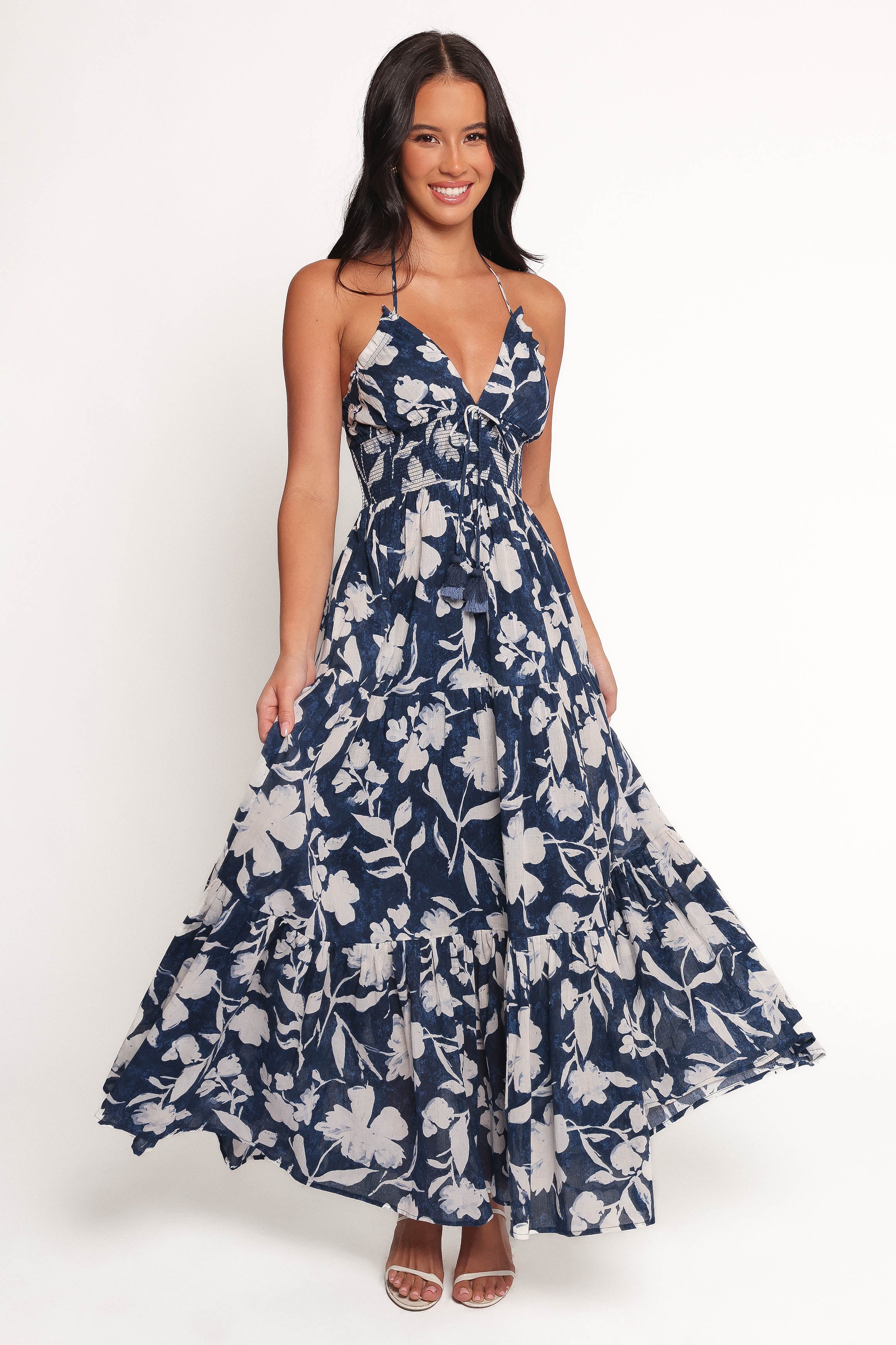 Coralie Floral Print Cotton Maxi Dress - Navy Peony Halter Neck