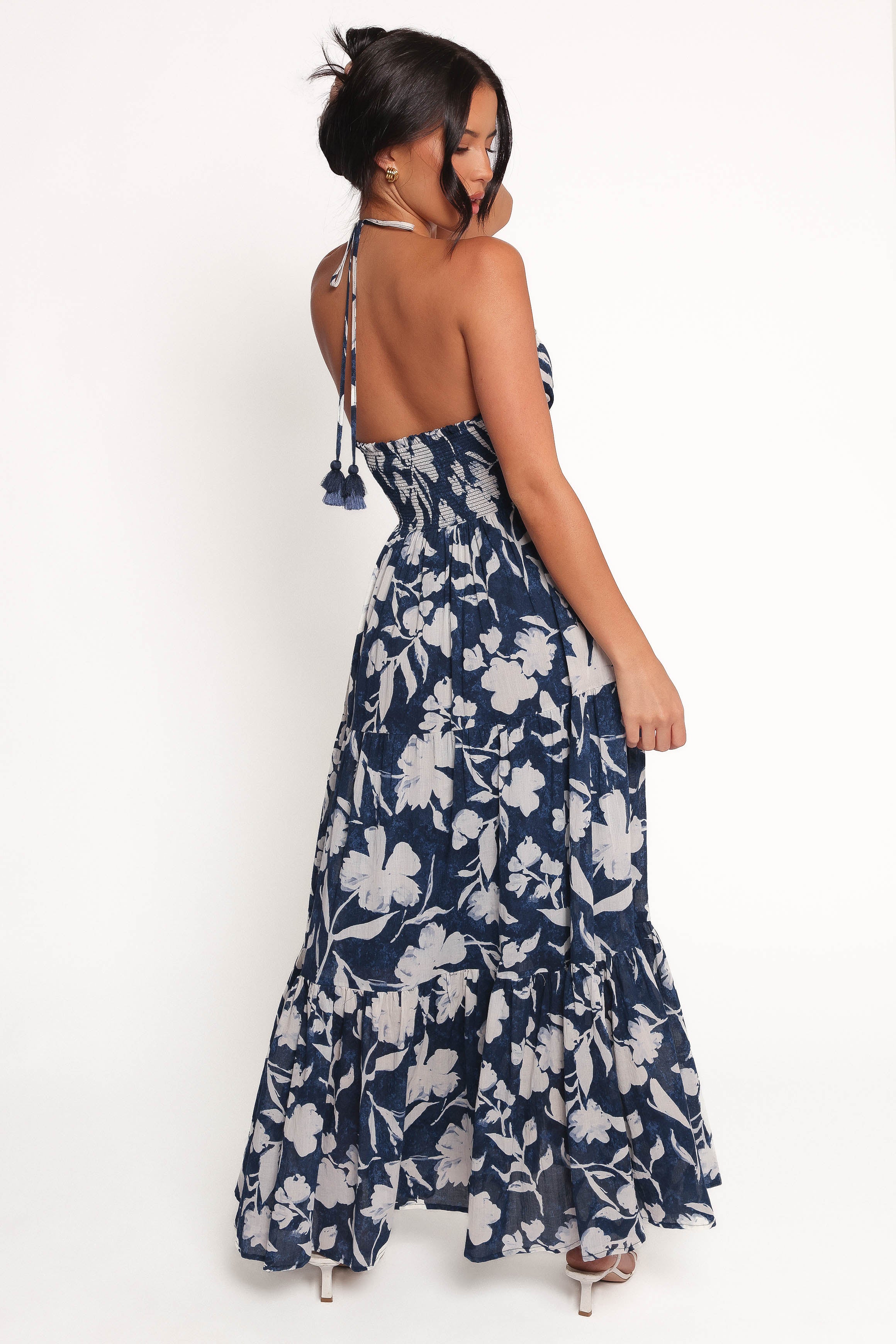 Coralie Floral Print Cotton Maxi Dress - Navy Peony Halter Neck
