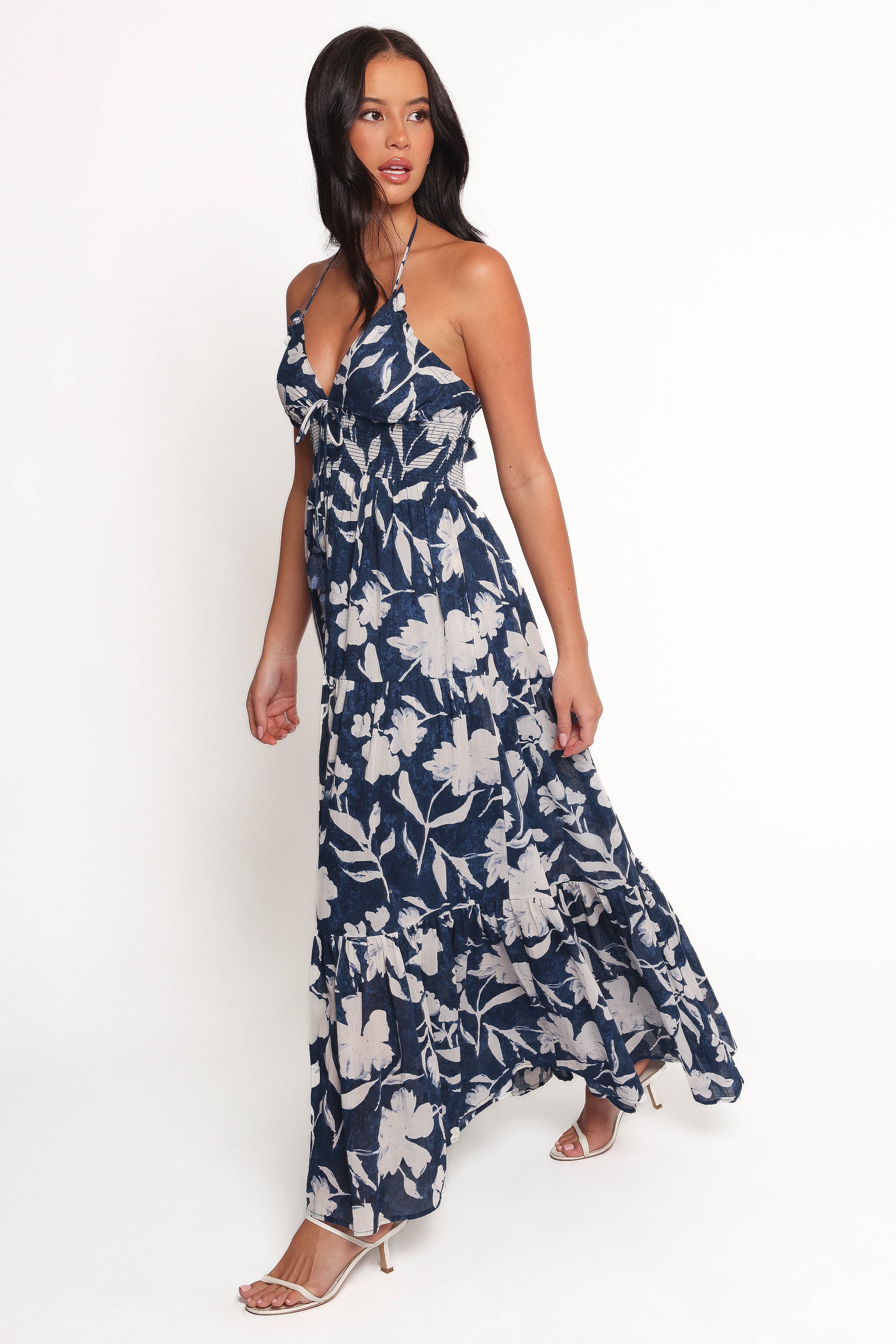 Coralie Floral Print Cotton Maxi Dress - Navy Peony Halter Neck
