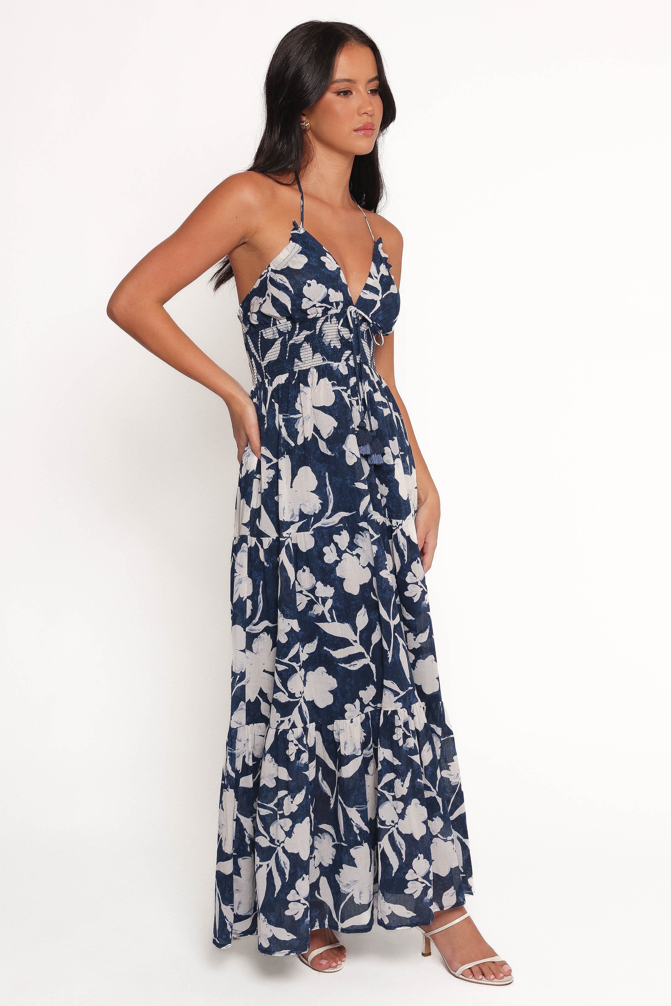 Coralie Floral Print Cotton Maxi Dress - Navy Peony Halter Neck