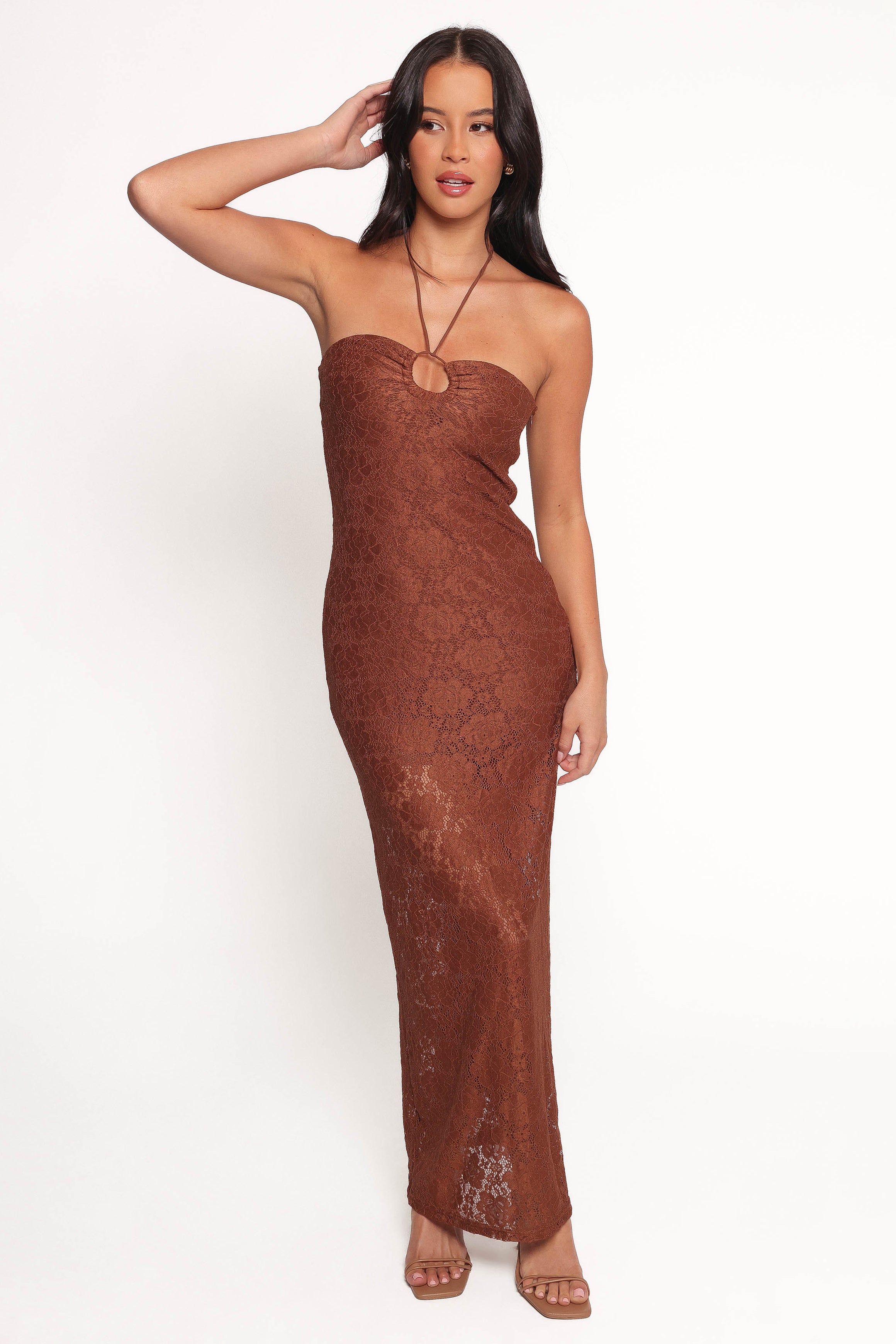 Tucker Brown Floral Lace Bodycon Midi Dress with Halter Neck