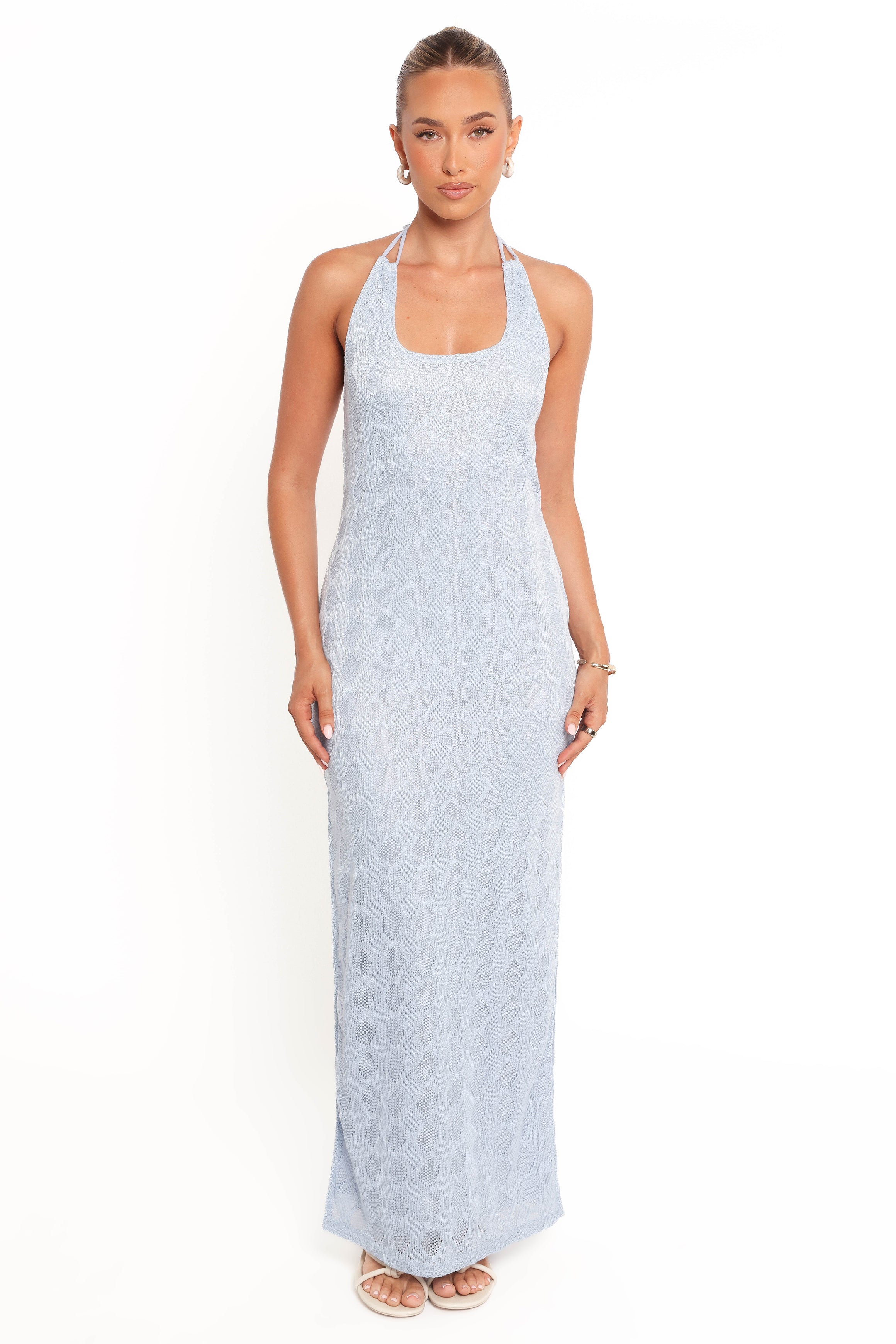Sonia Blue Halter Maxi Dress with Cut-Out & Backless Design