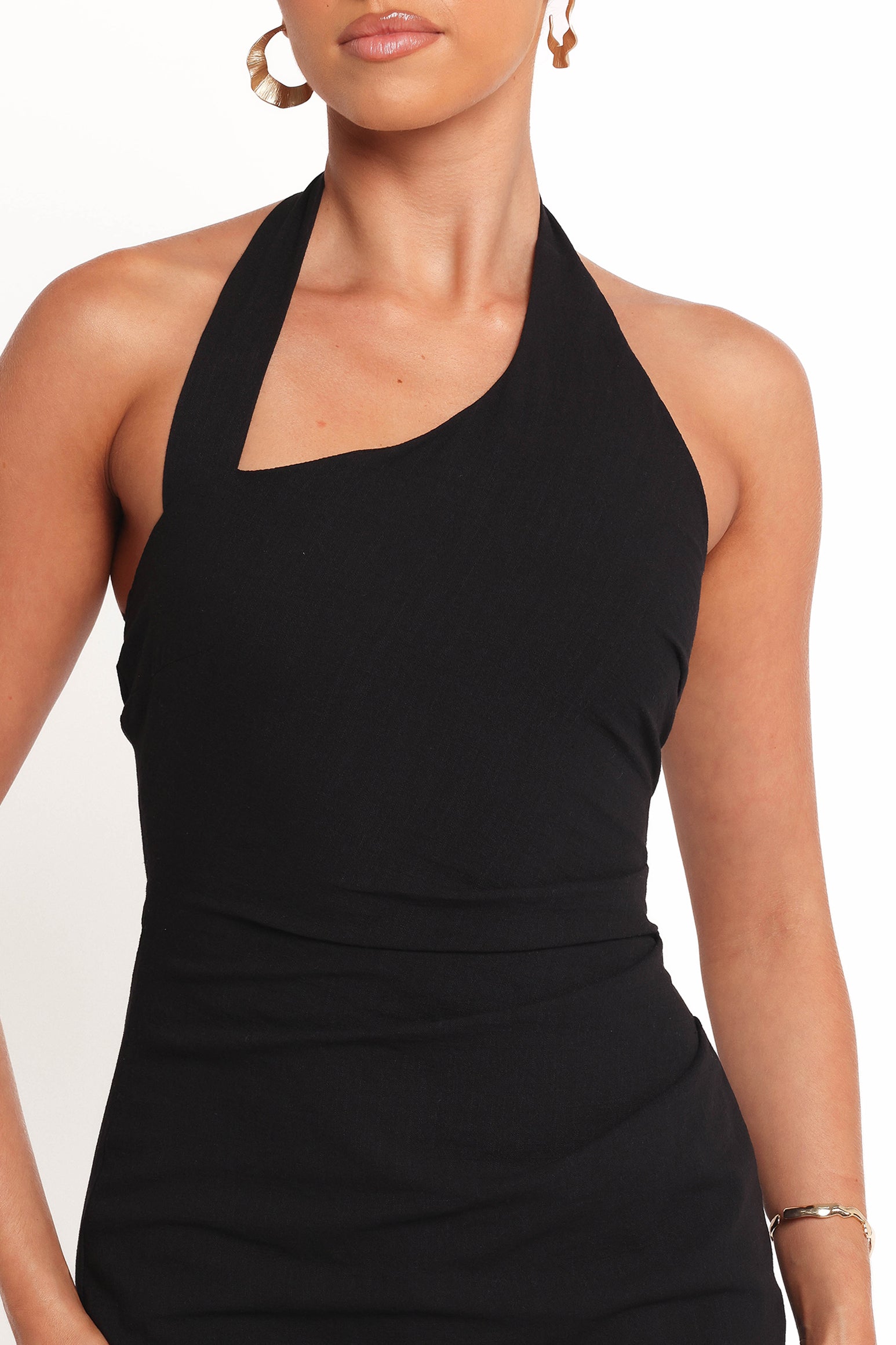 Black Cass Mini Dress with Asymmetrical Neckline & A-Line Silhouette