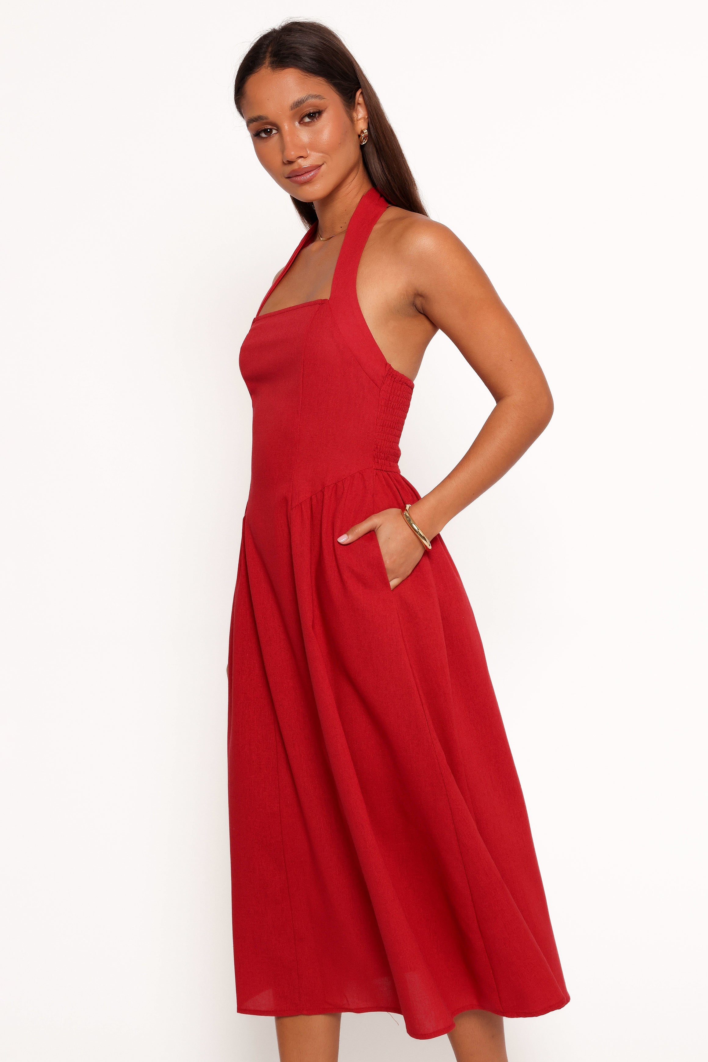 Linen Halterneck Midi Dress with Pockets - Red