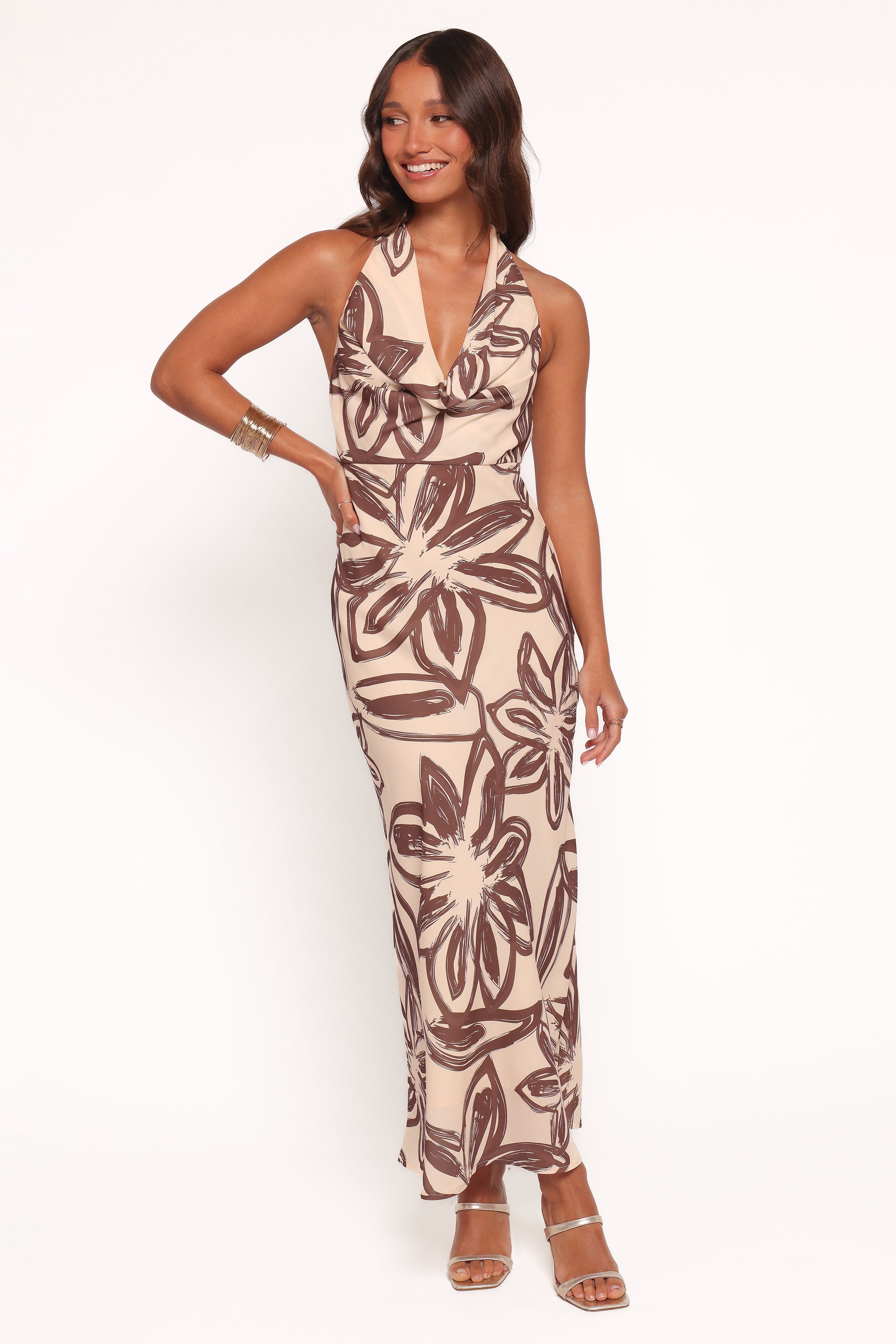 Warner Floral Halter Maxi Dress - Cream & Brown Polyester