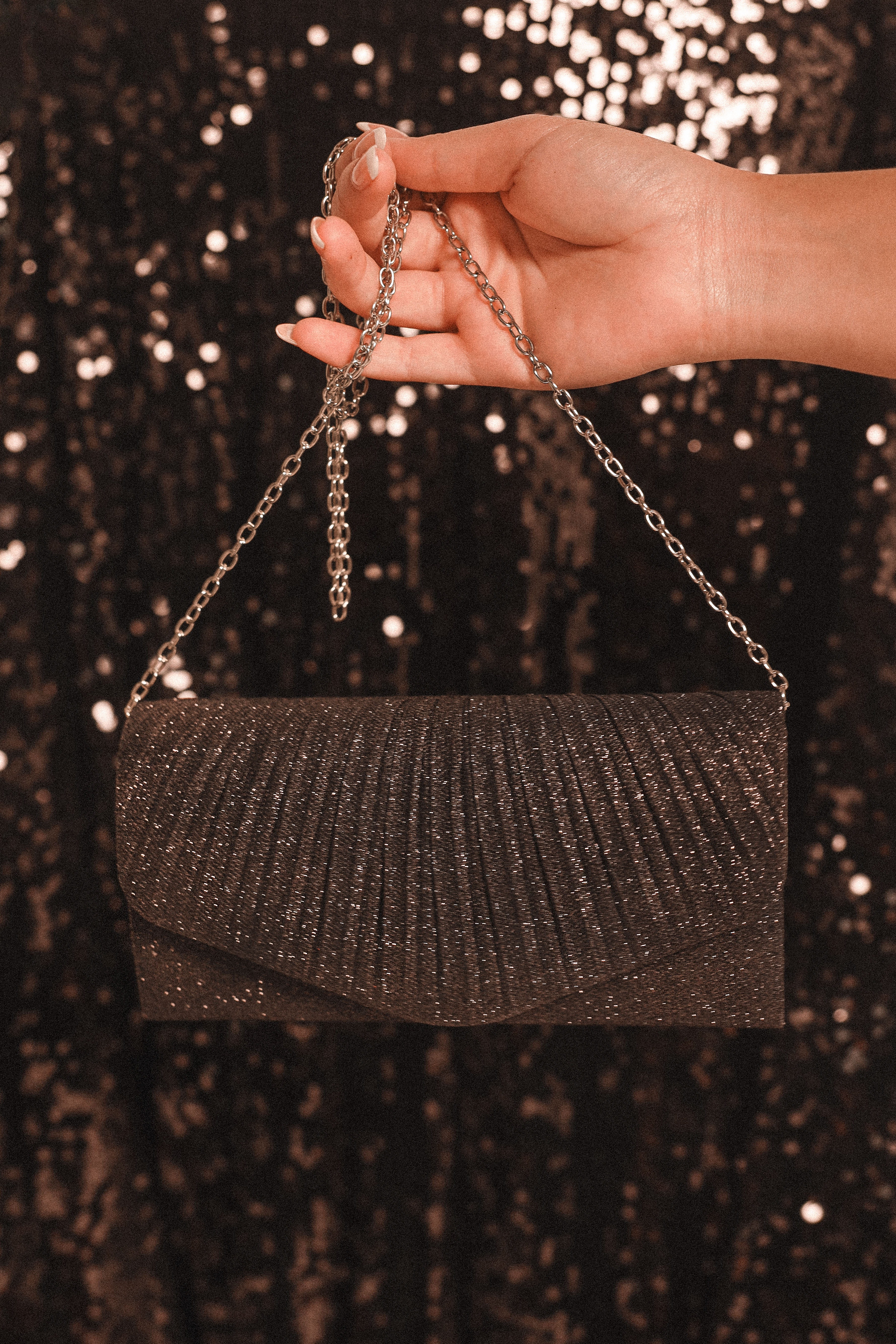 Black Sparkle Clutch Bag with Silver Hardware - Audrina