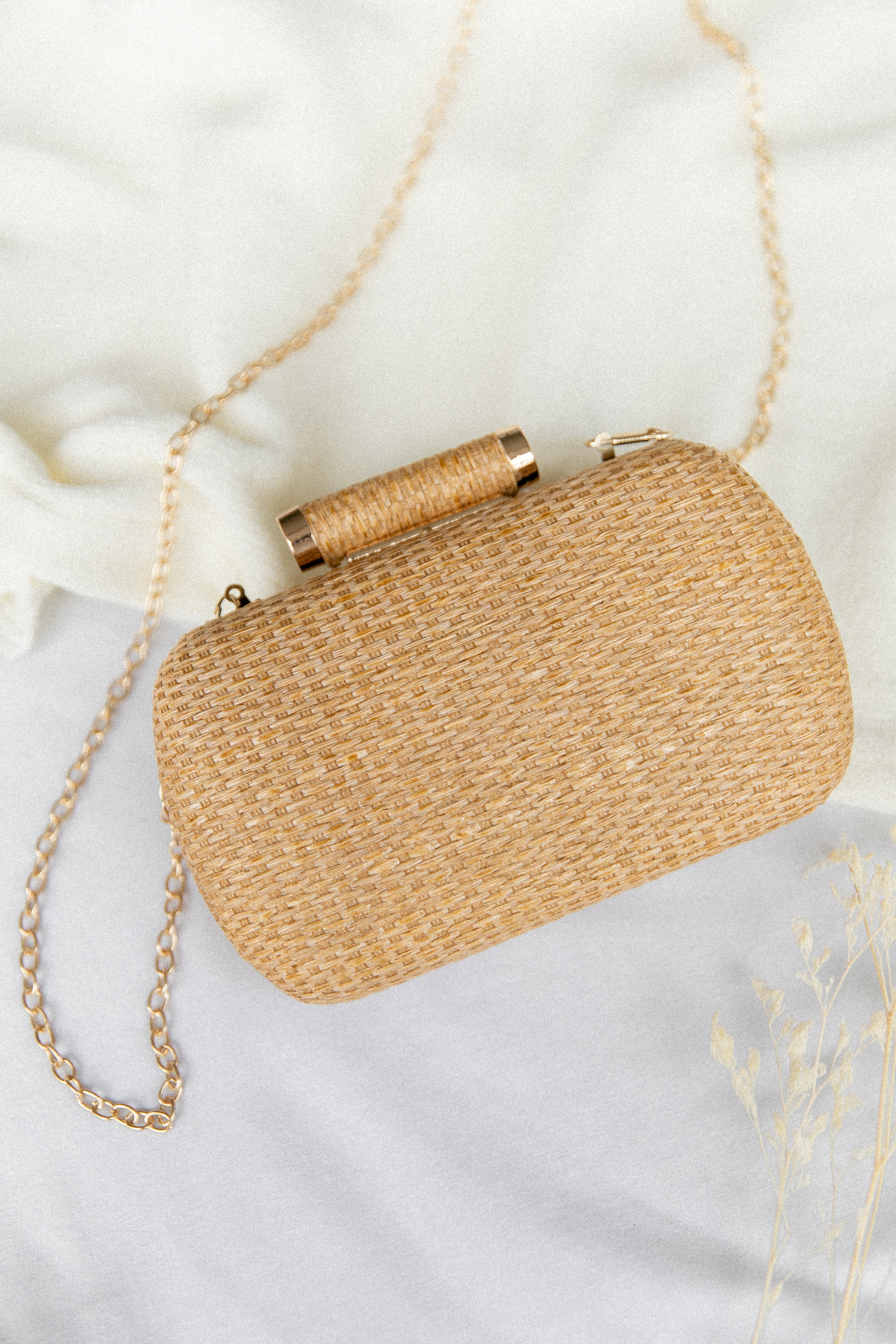 Stella Woven Clutch Bag with Detachable Gold Chain Strap