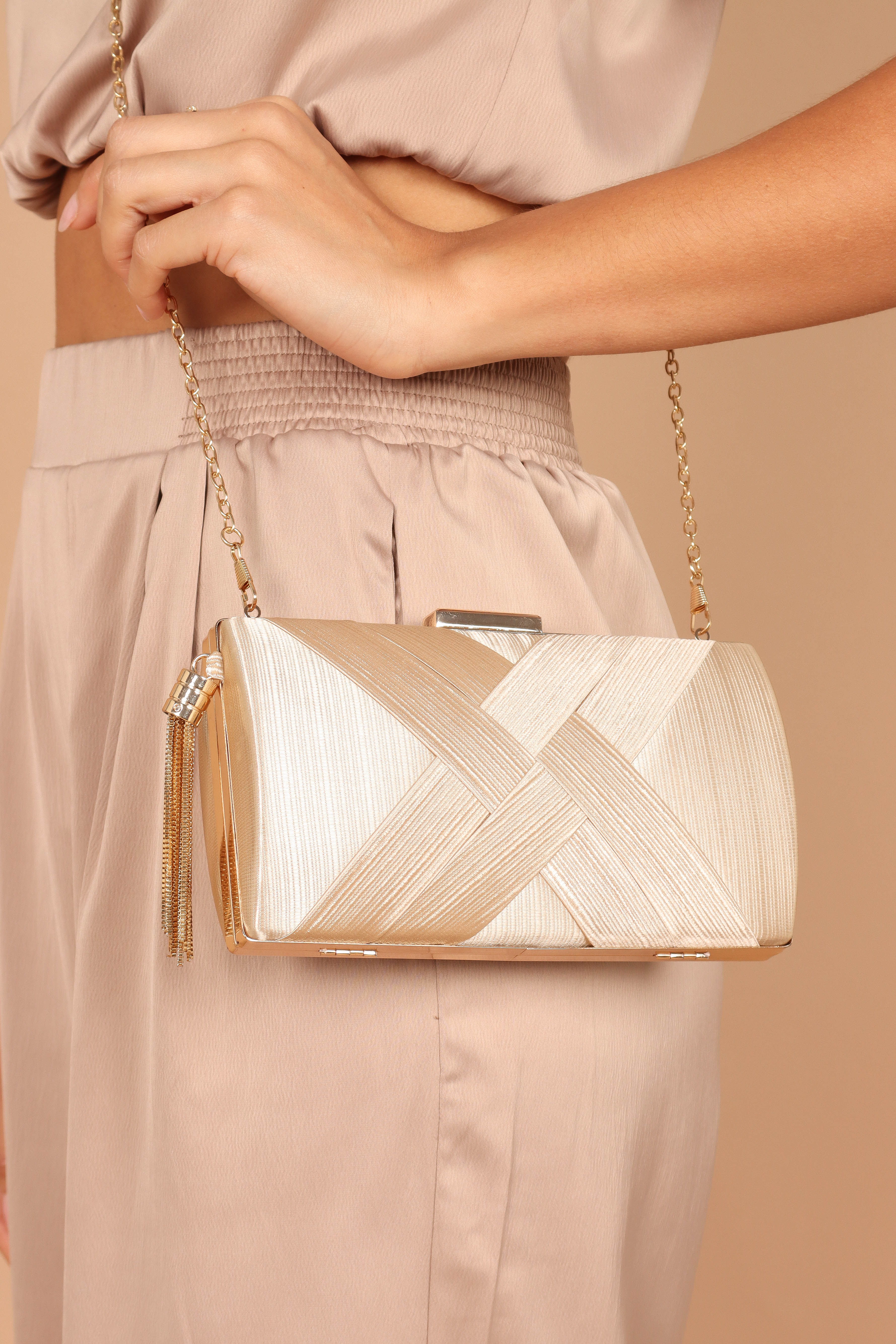 Gold Clutch Bag with Detachable Chain Strap & Tassel - Viva
