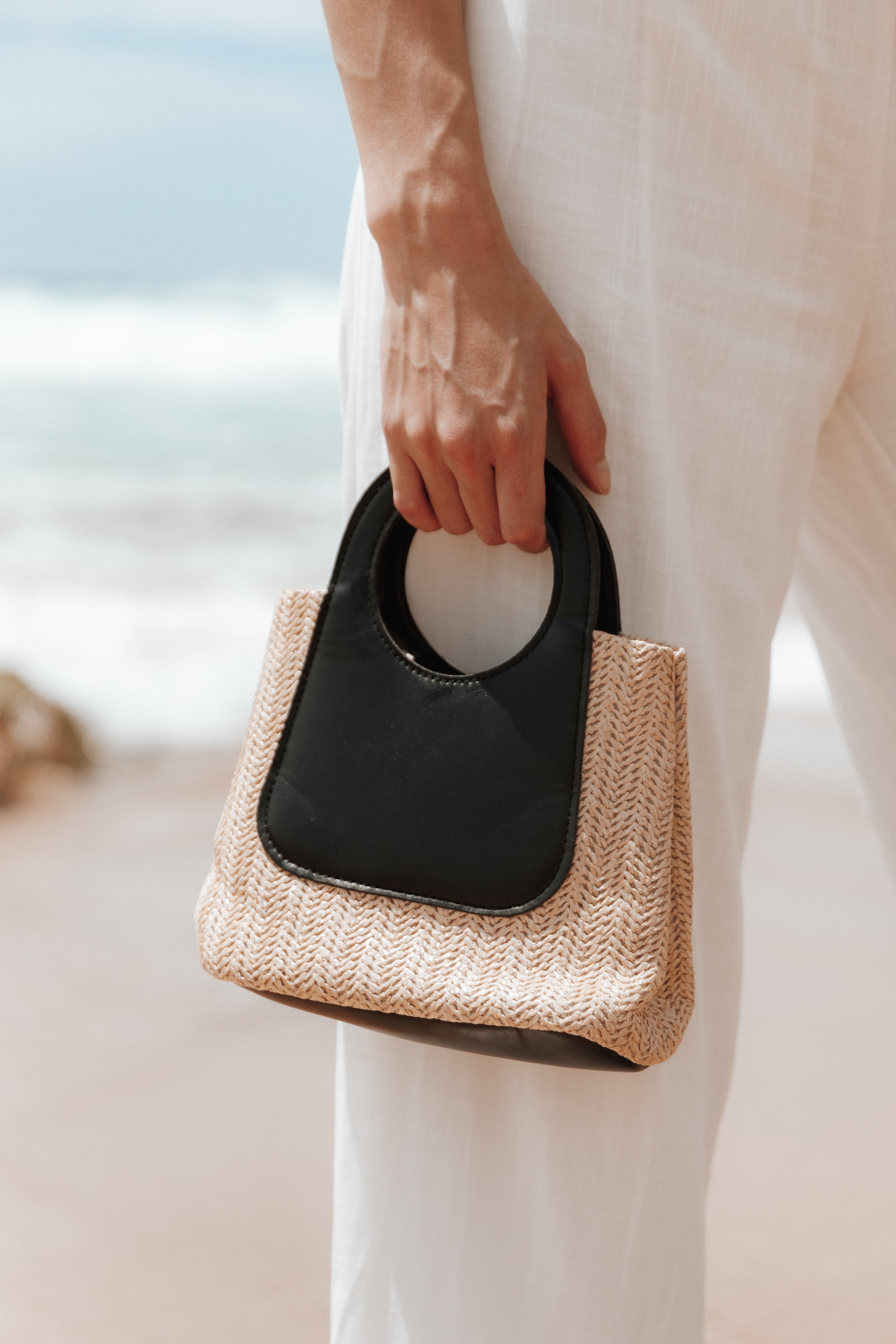 Hannah Woven PU Handbag - Natural & Black Tote with Twin Handles