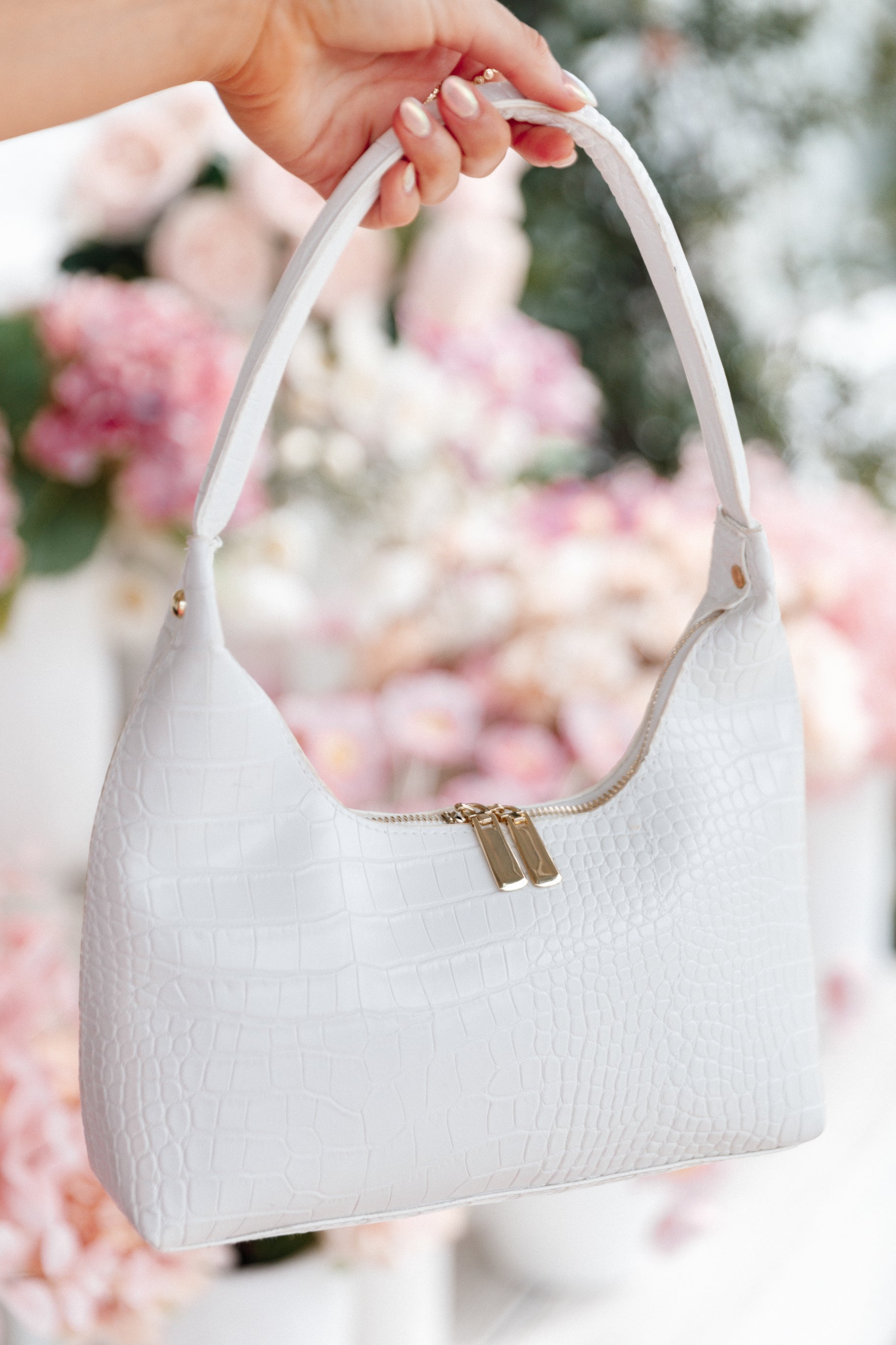 White Crocodile Embossed Shoulder Bag with Gold Hardware - Hunter