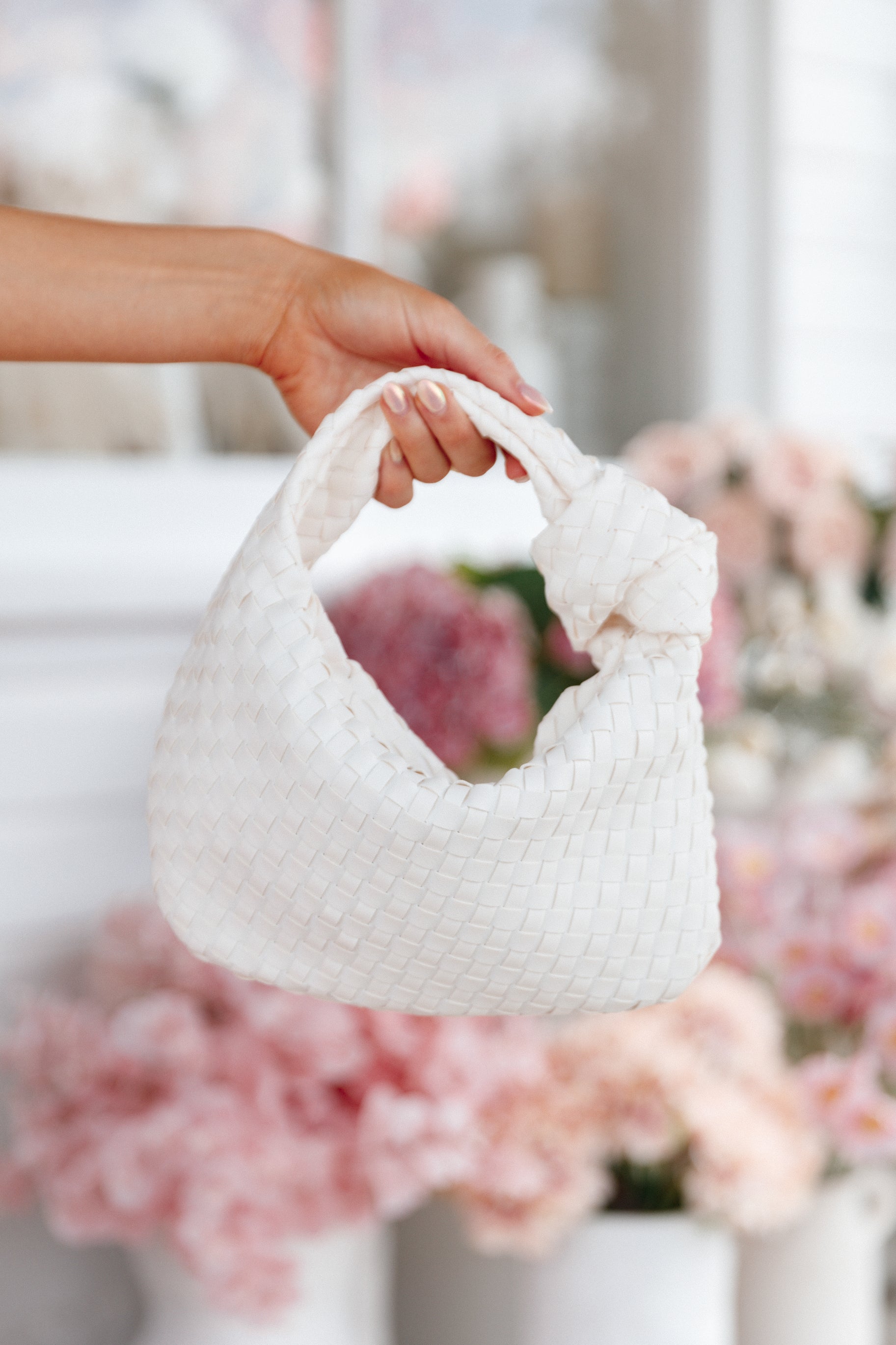White Faux Leather Woven Shoulder Bag with Gold Hardware - Alma