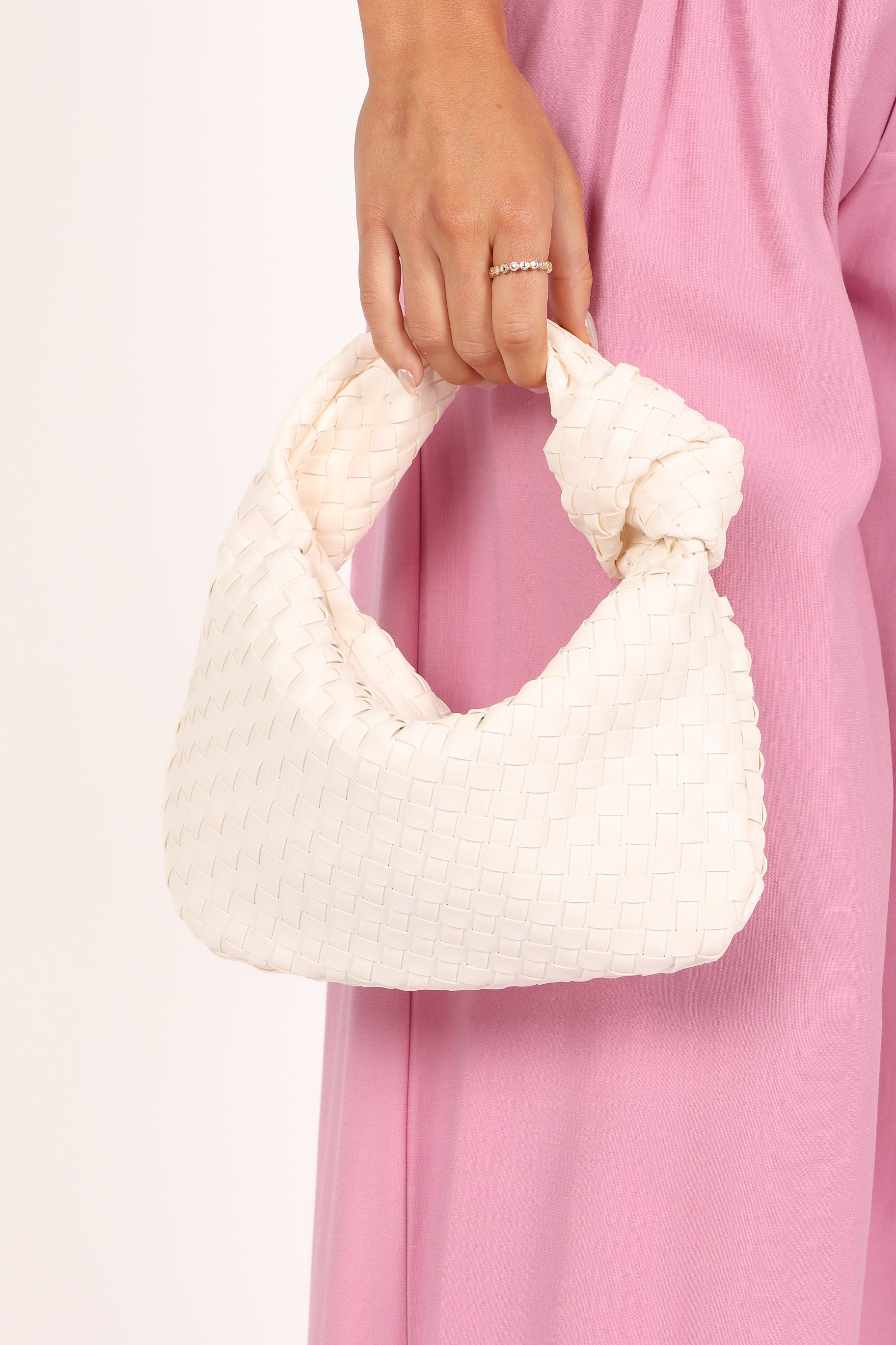 White Faux Leather Woven Shoulder Bag with Gold Hardware - Alma