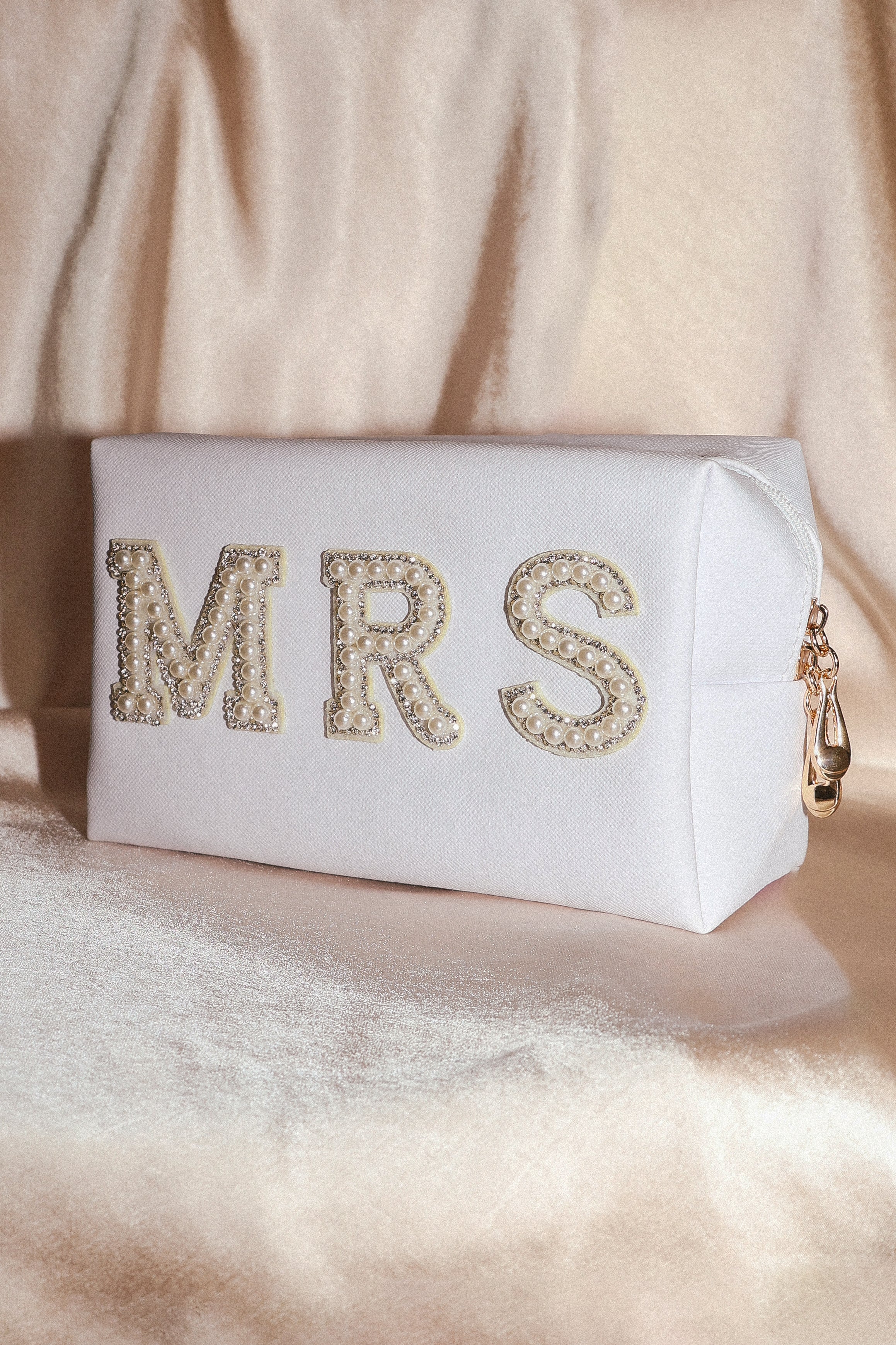 White Mari Pouch Bag with MRS Embellishment & Gold Hardware
