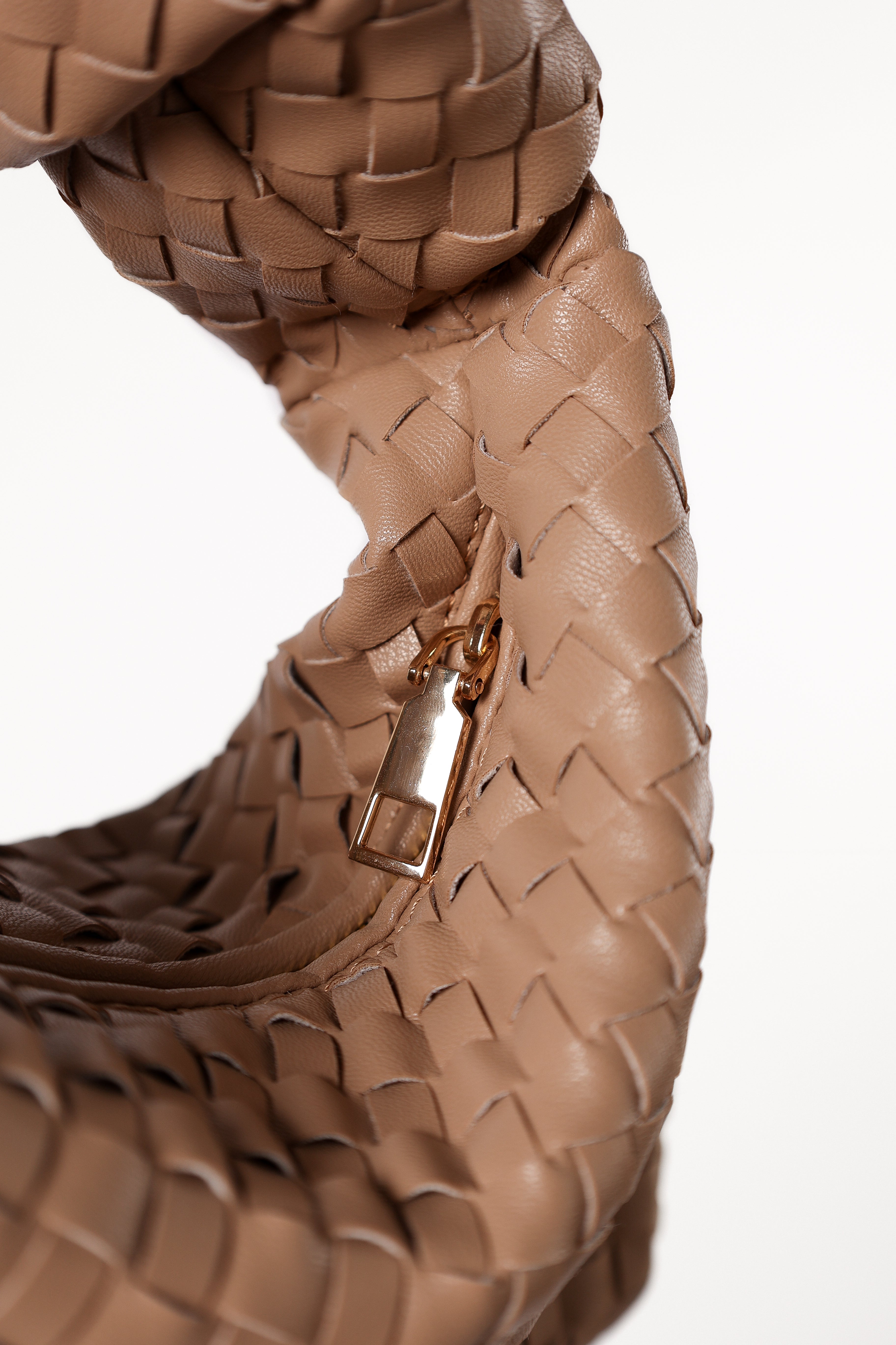 Beige Lyra Woven Faux Leather Handbag with Gold Hardware