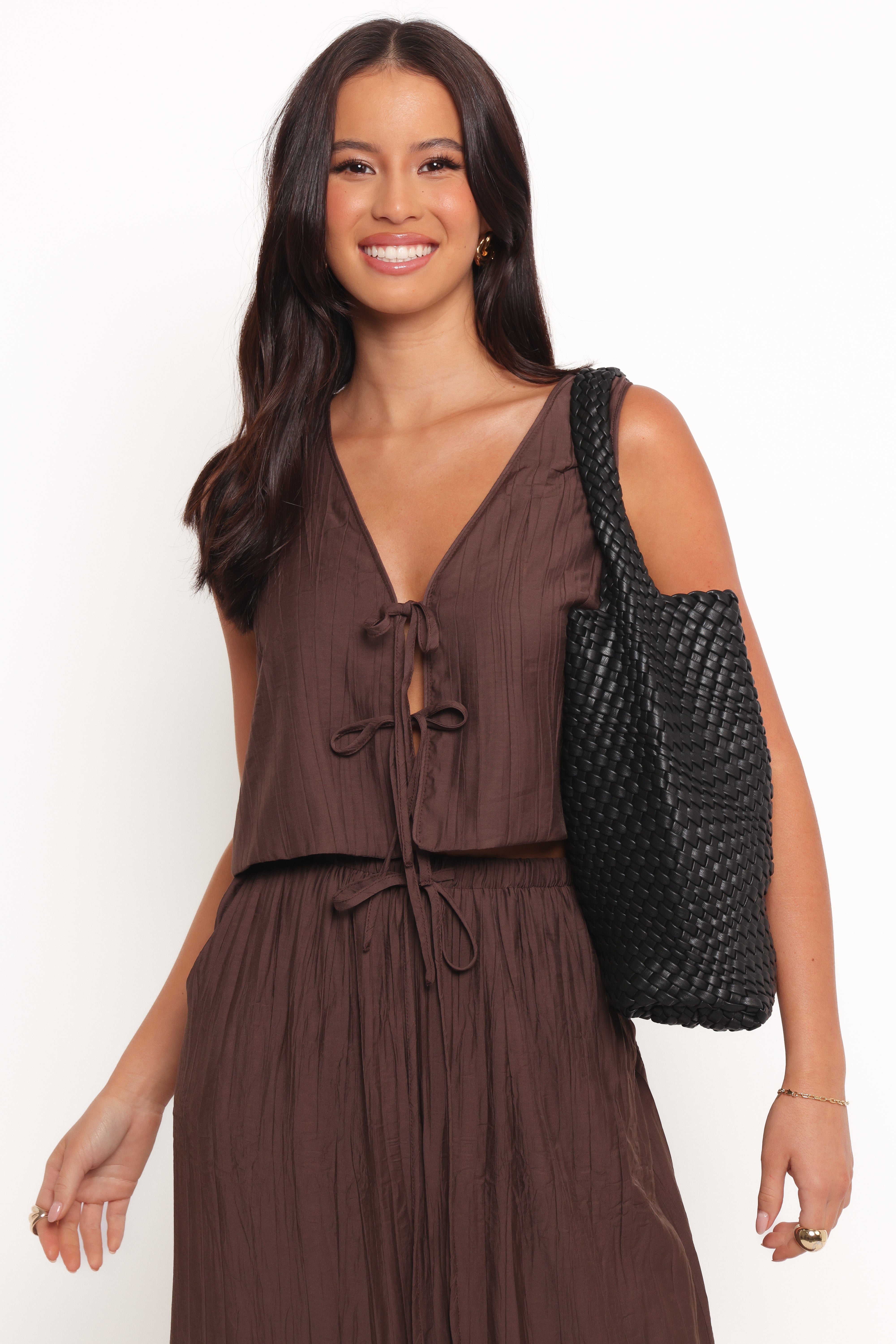 Rowan Black Faux Leather Woven Handbag with Removable Pouch