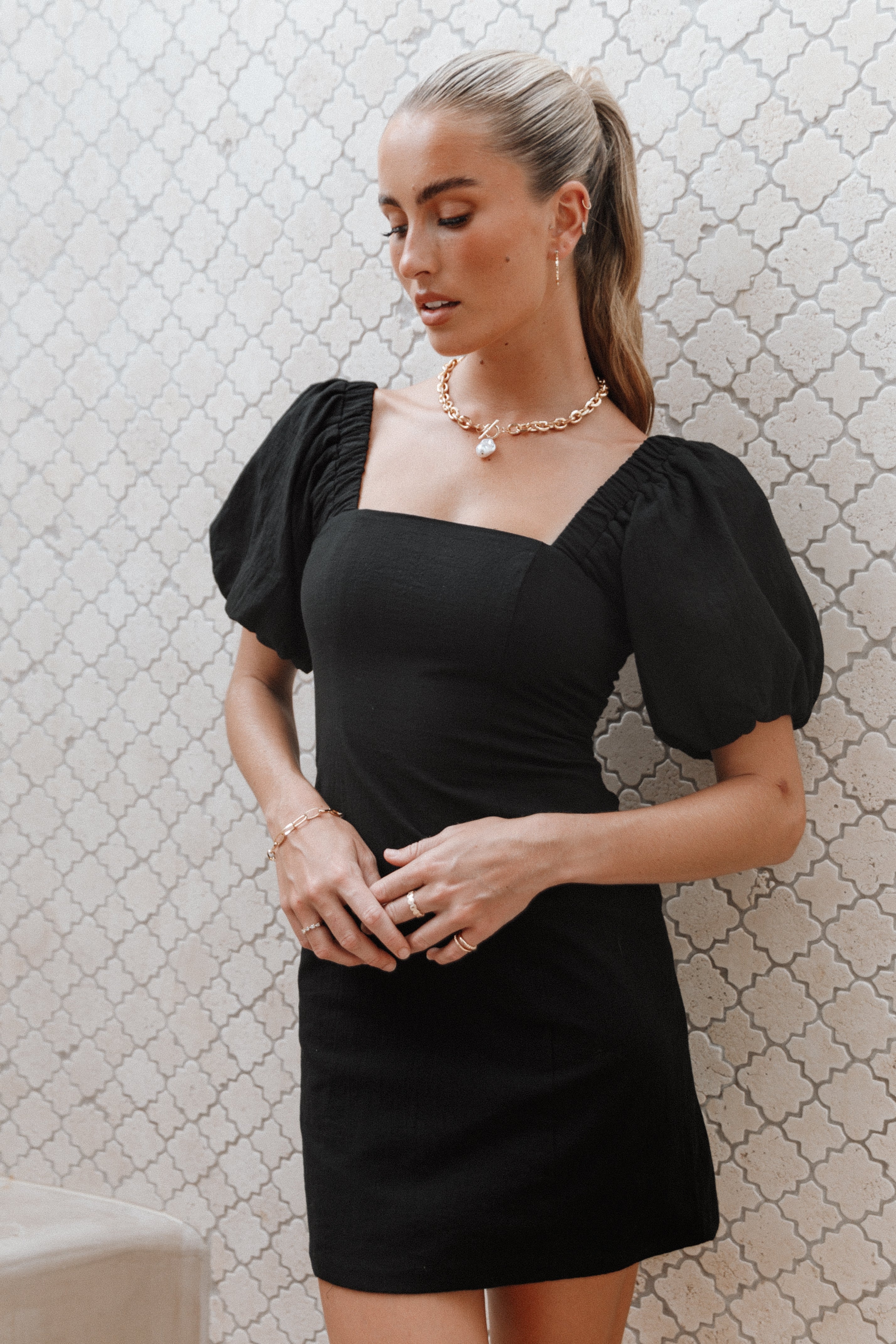 Black Square Neck Puff Sleeve Mini Dress - Tuscany Style