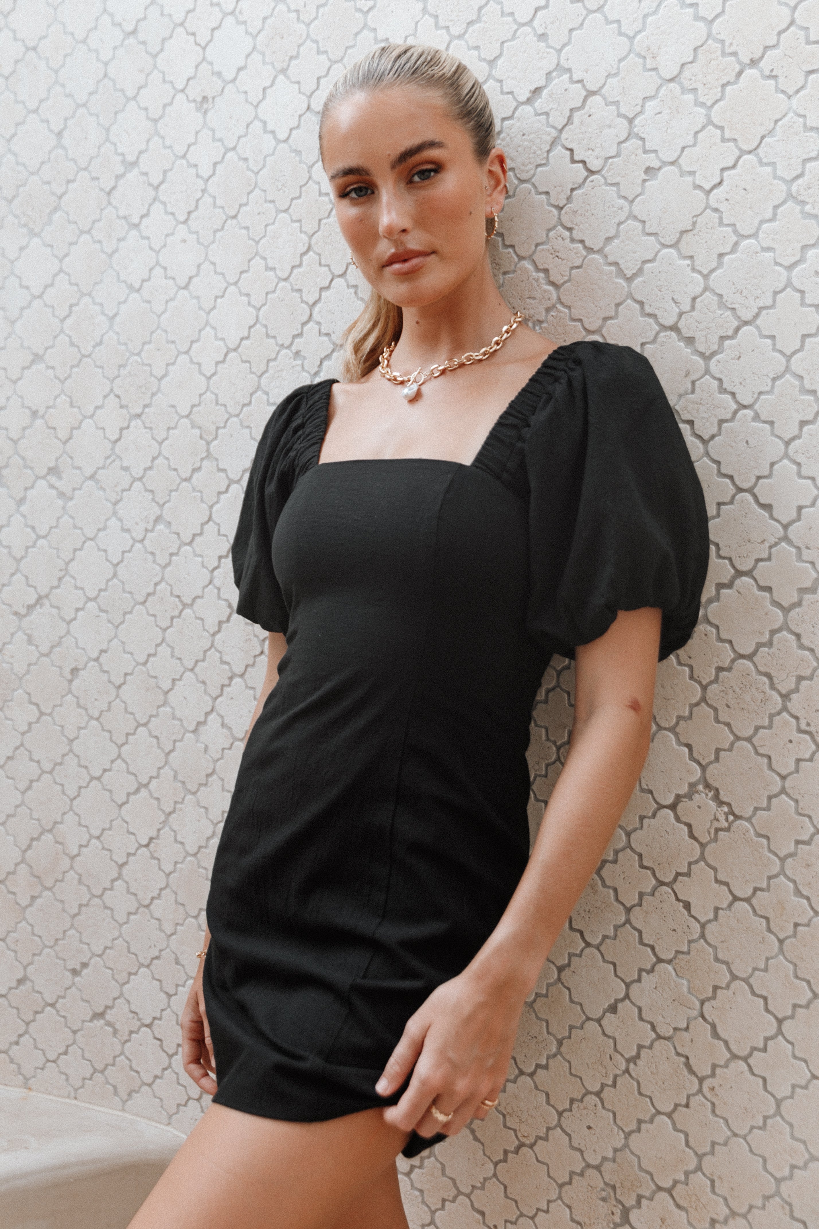 Black Square Neck Puff Sleeve Mini Dress - Tuscany Style