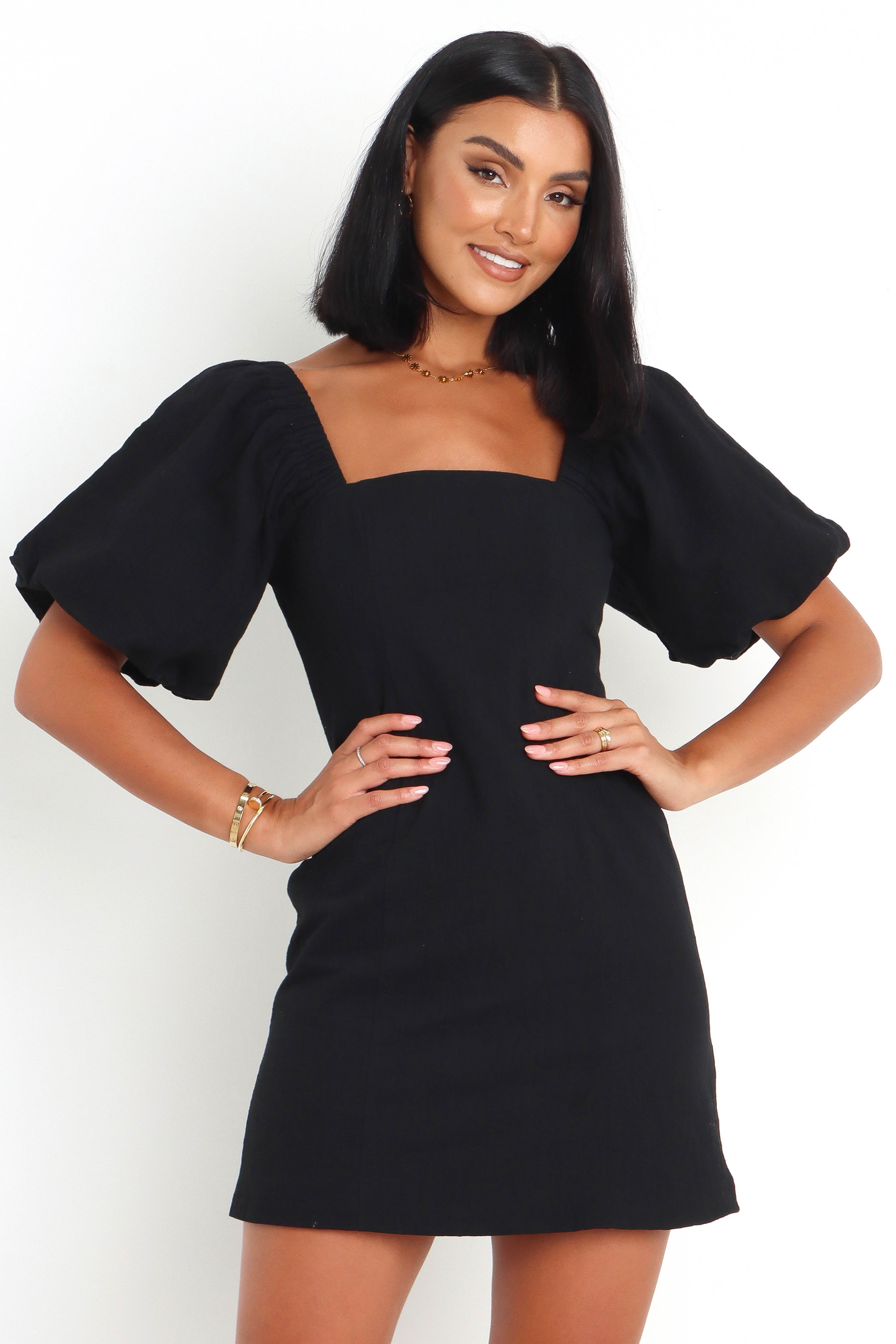 Black Square Neck Puff Sleeve Mini Dress - Tuscany Style
