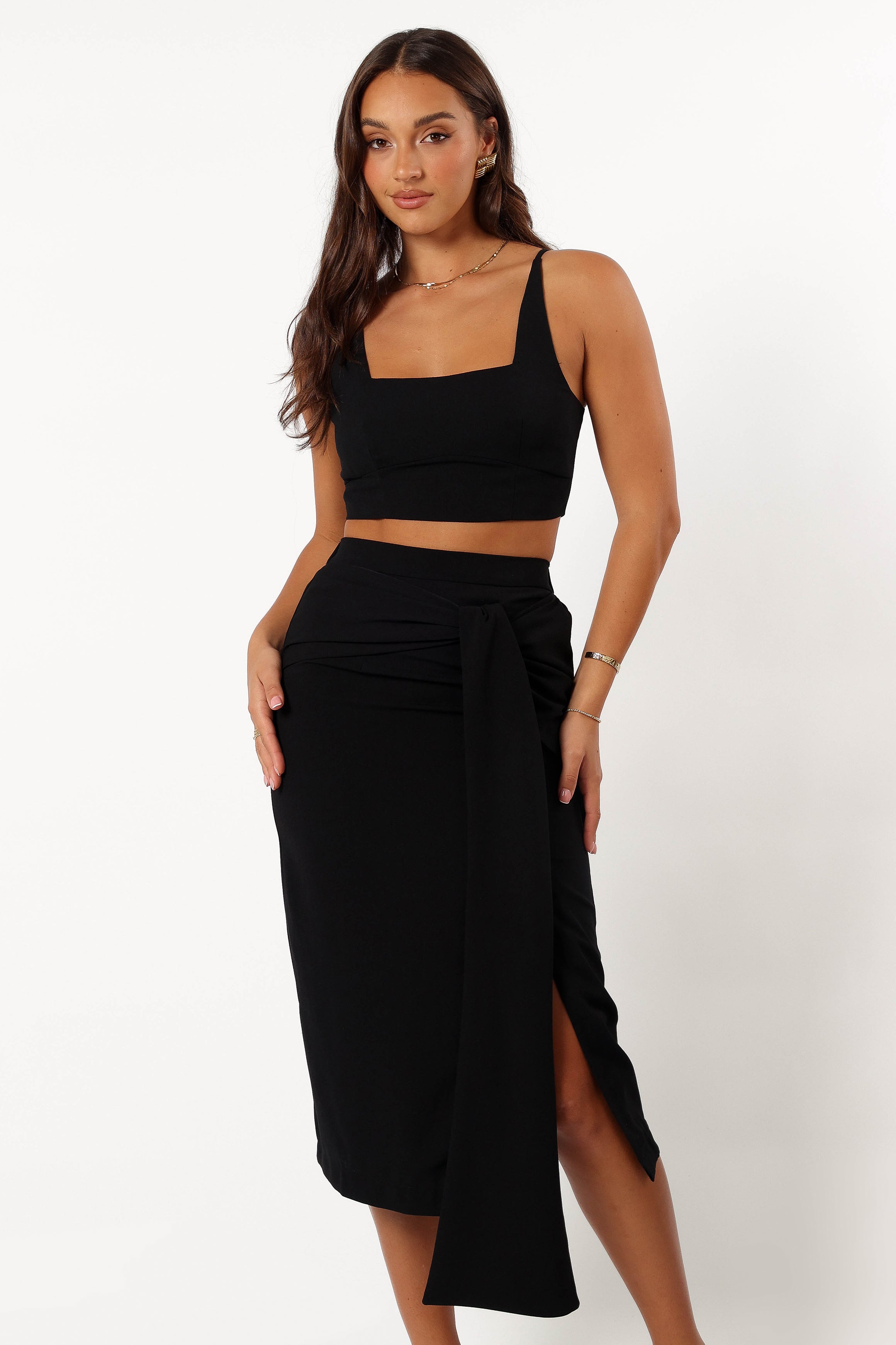 Black Zanita Crop Top & Skirt Set - Adjustable Straps, High Waisted