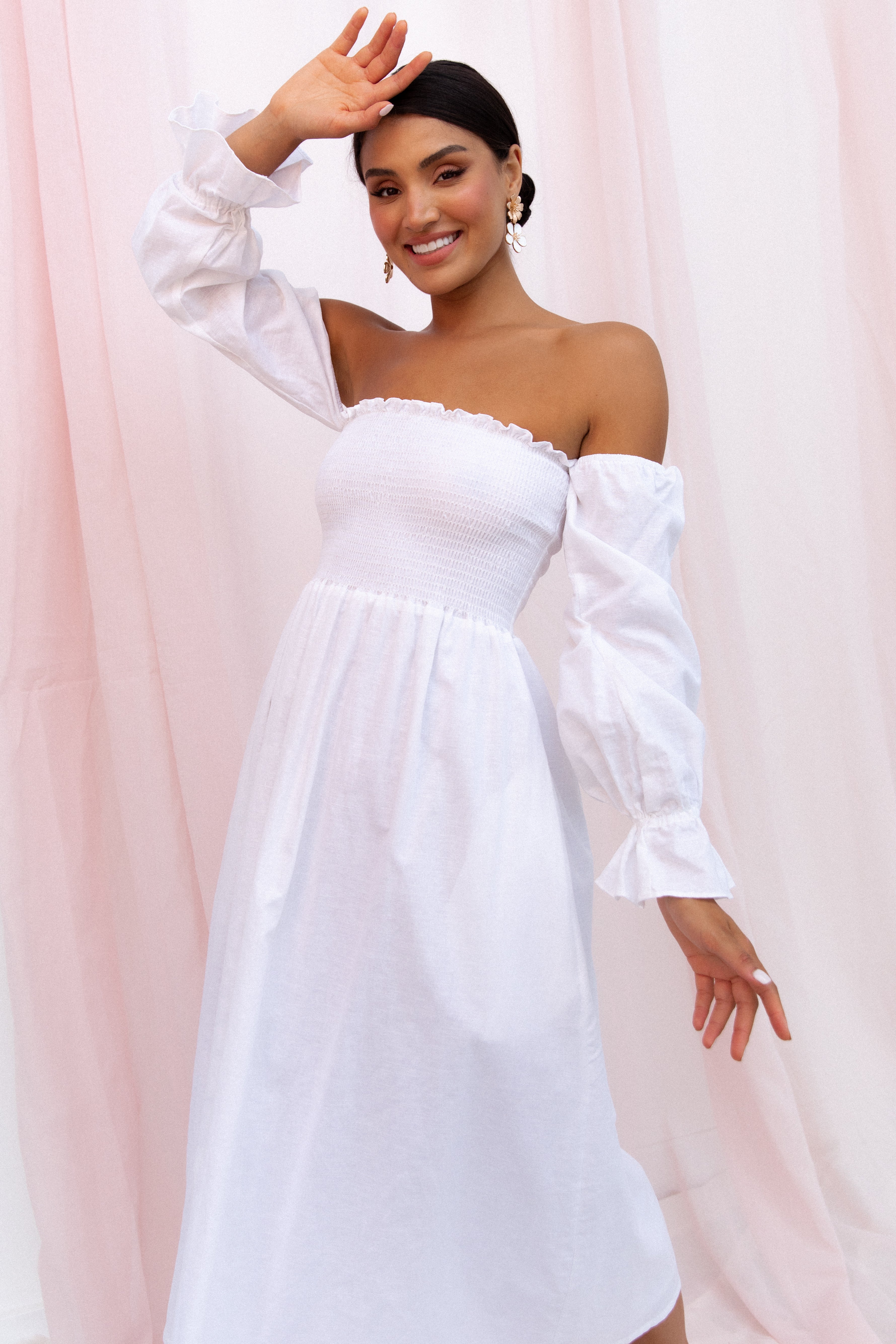 White Off Shoulder Midi Dress with Long Sleeves & Pockets - Domenica