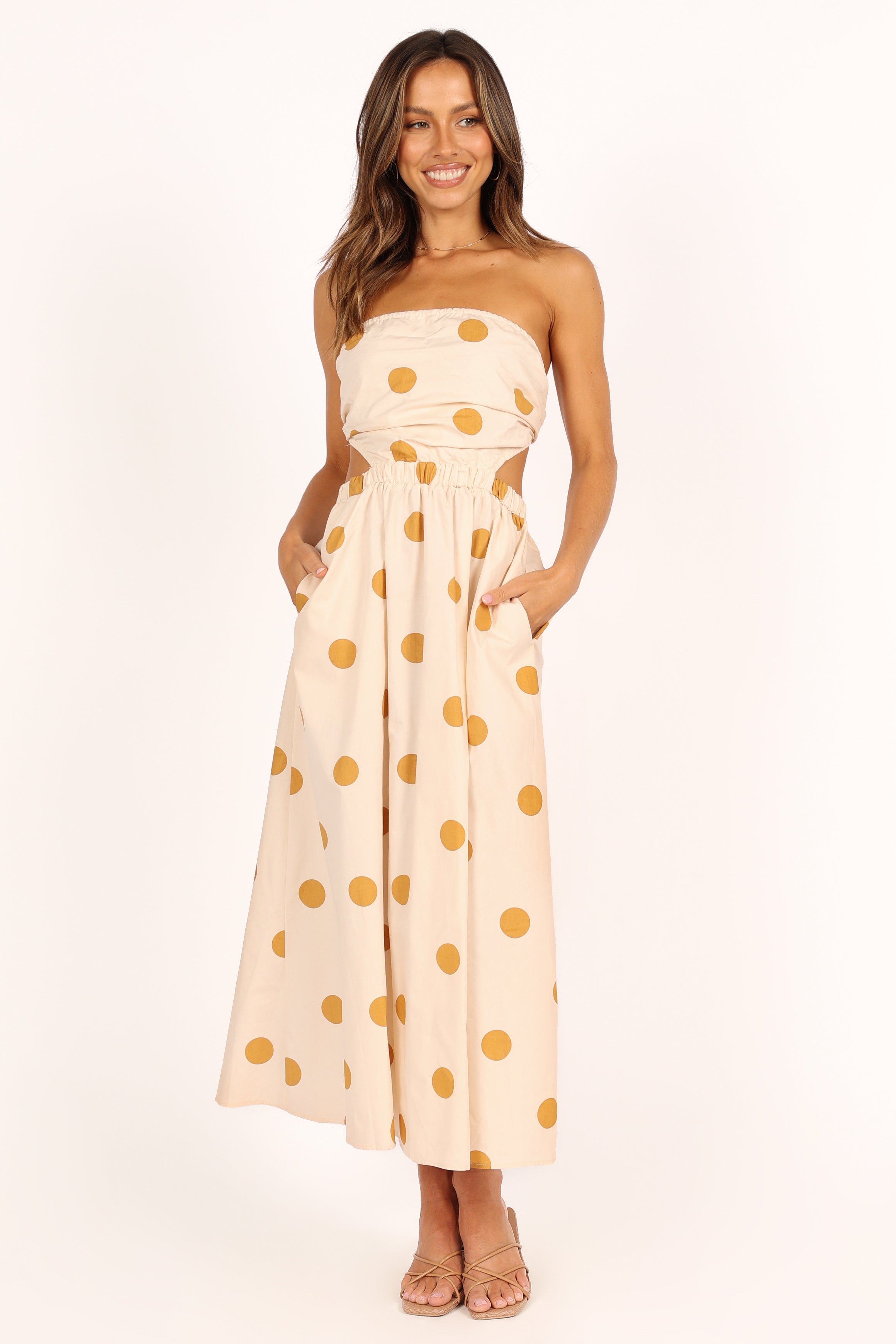 Beige Spot Maxi Dress with Pockets - Angelique Strapless Cutout Design