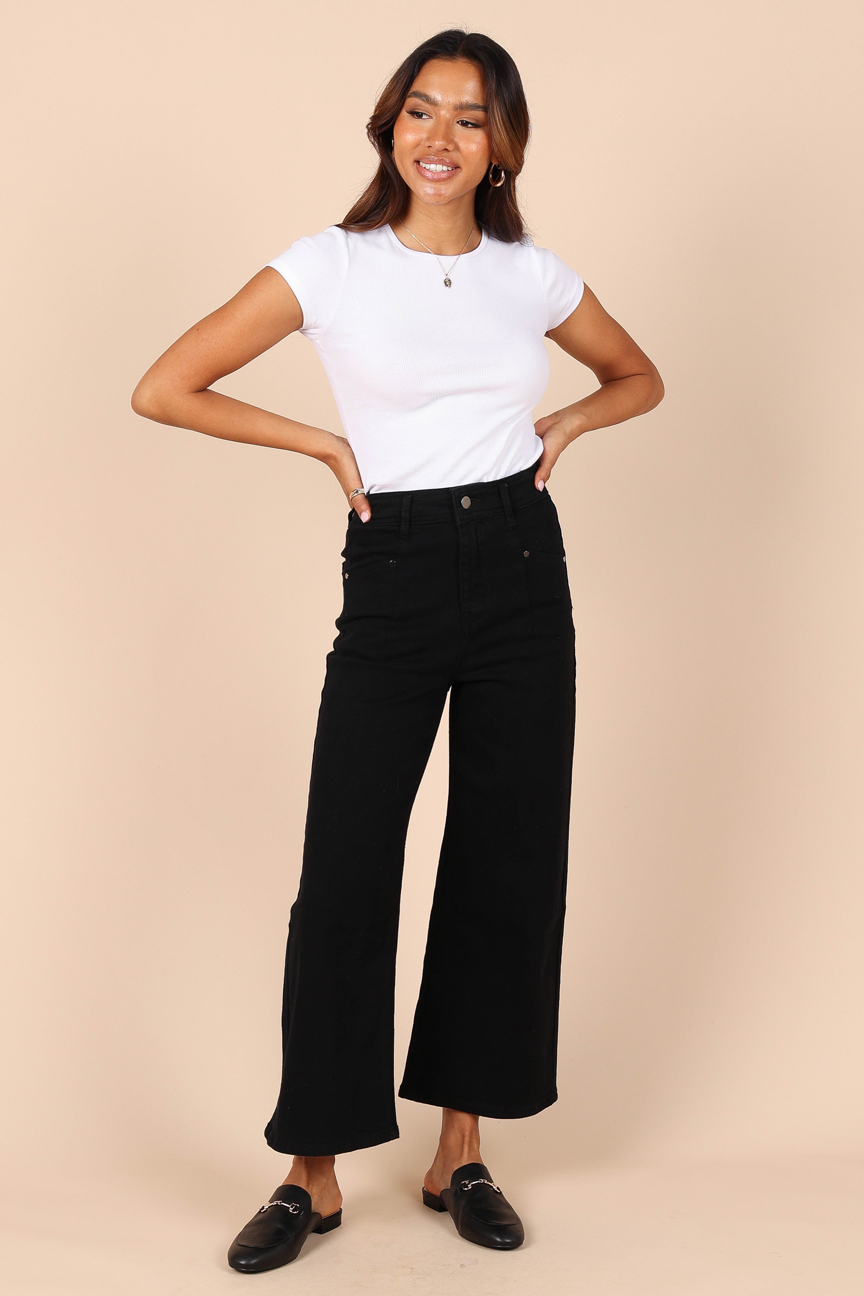 Women's High Waisted Georgette Pants - Black Straight Leg Trousers