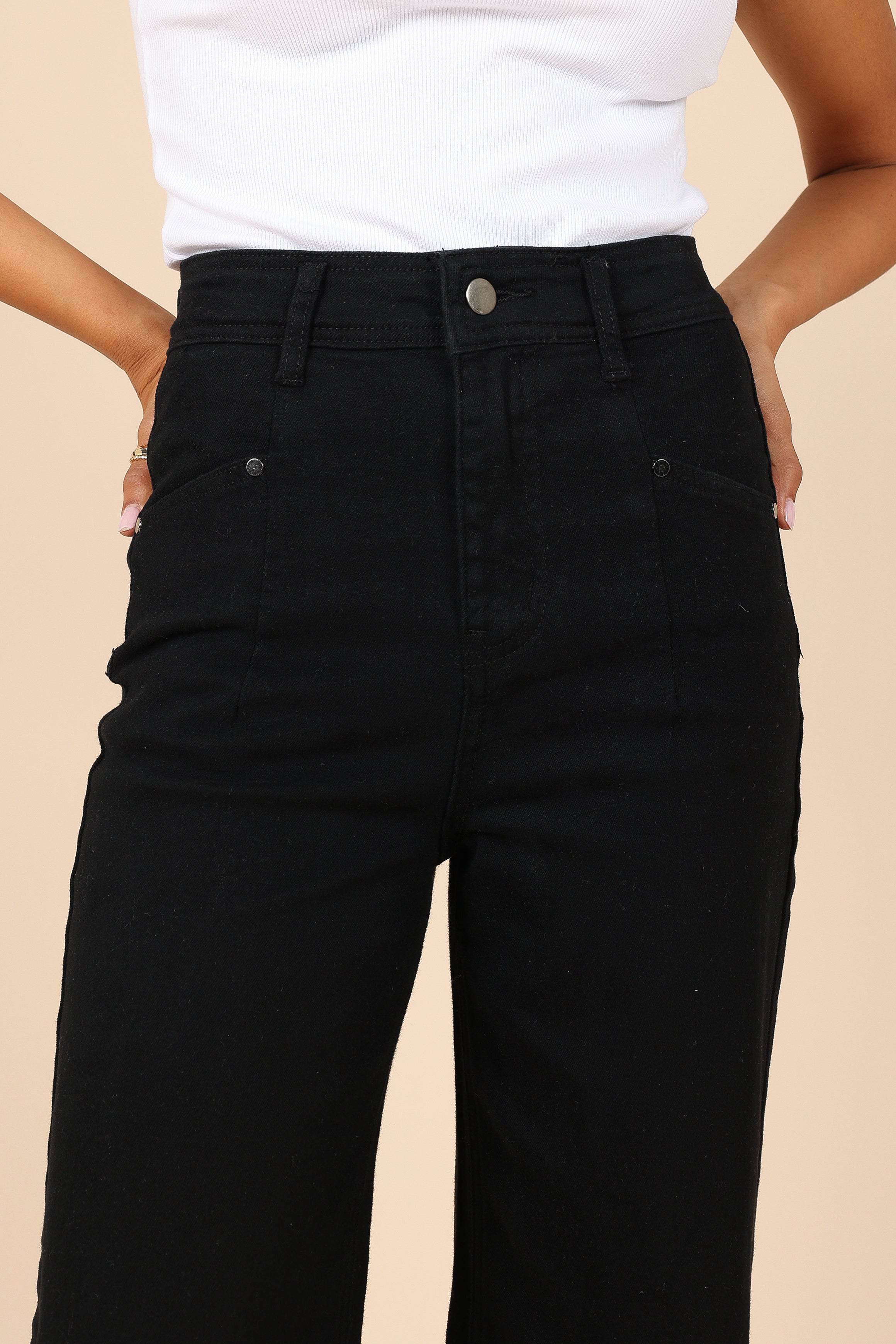 Women's High Waisted Georgette Pants - Black Straight Leg Trousers