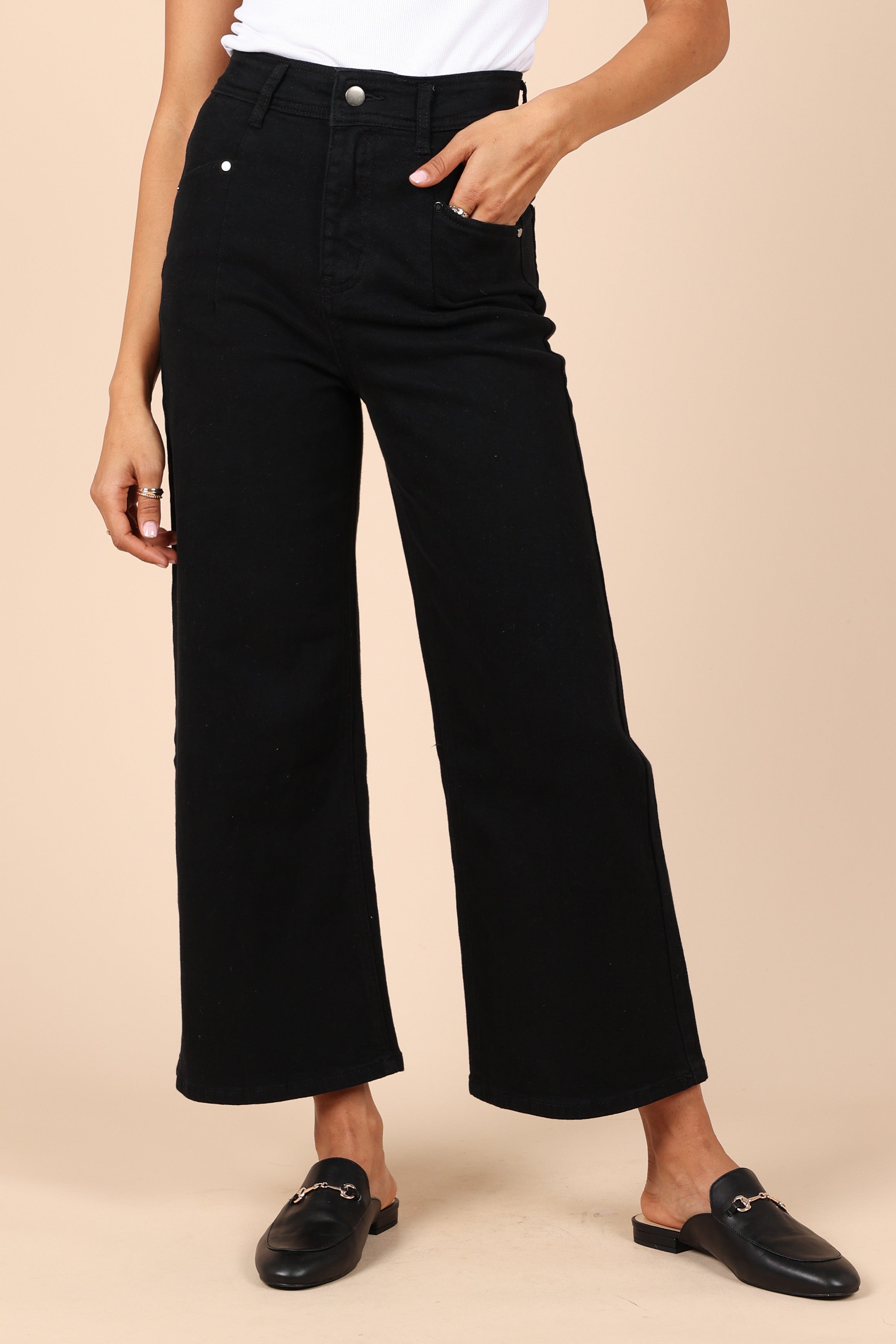 Women's High Waisted Georgette Pants - Black Straight Leg Trousers