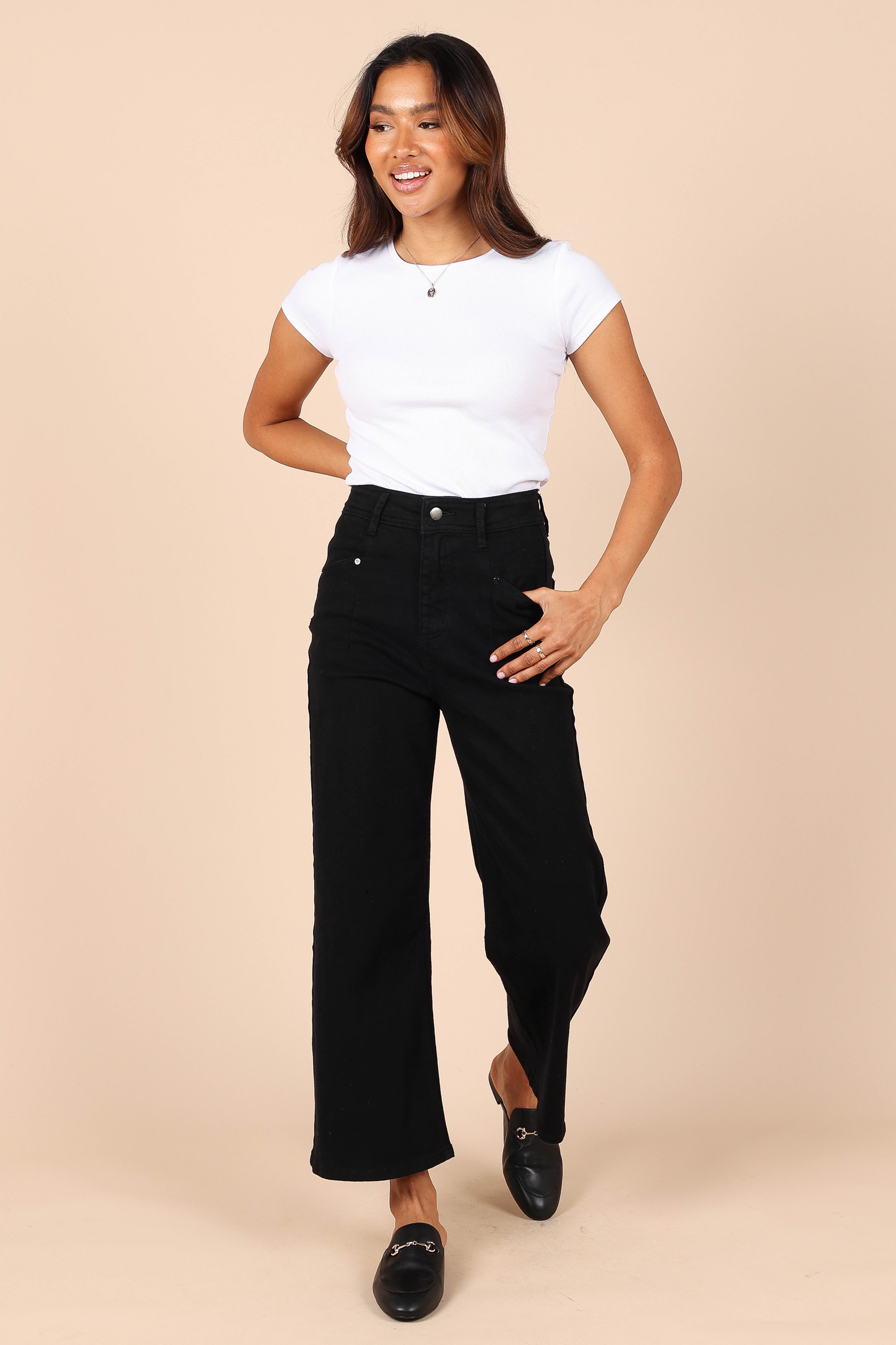 Women's High Waisted Georgette Pants - Black Straight Leg Trousers