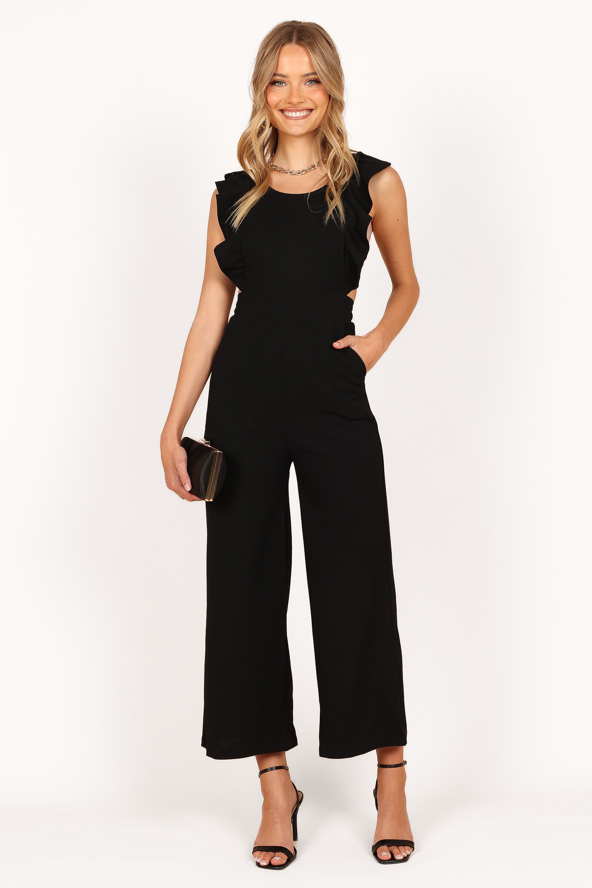Black Ruffle Detail Jumpsuit with Back Cut Out - Mills