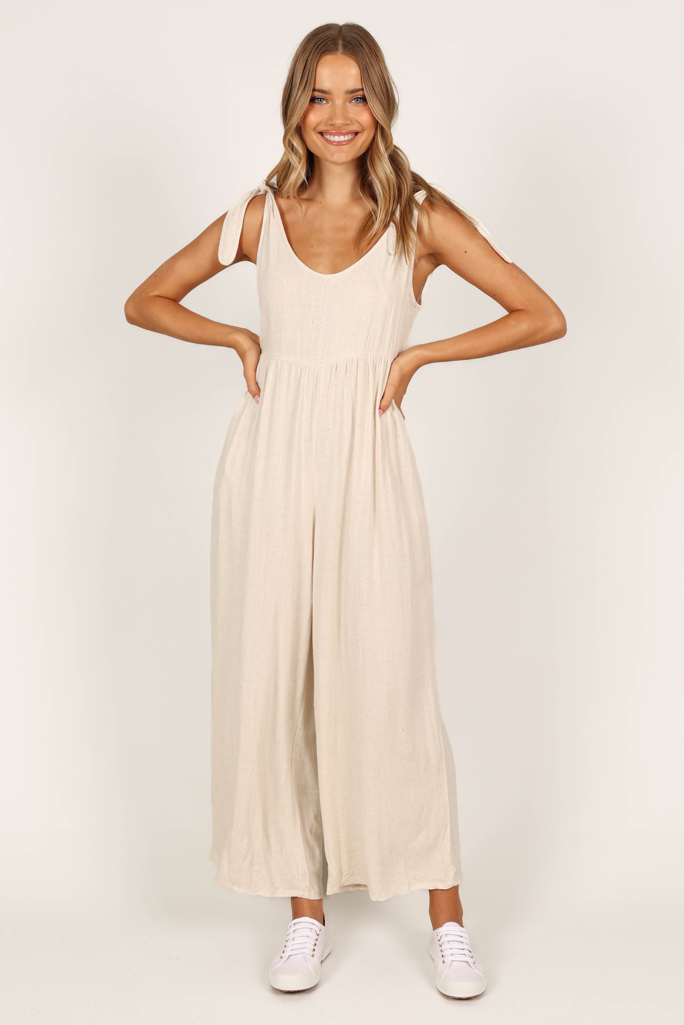 Ayla Linen Jumpsuit for Women - Oatmeal Wide Leg Casual Outfit