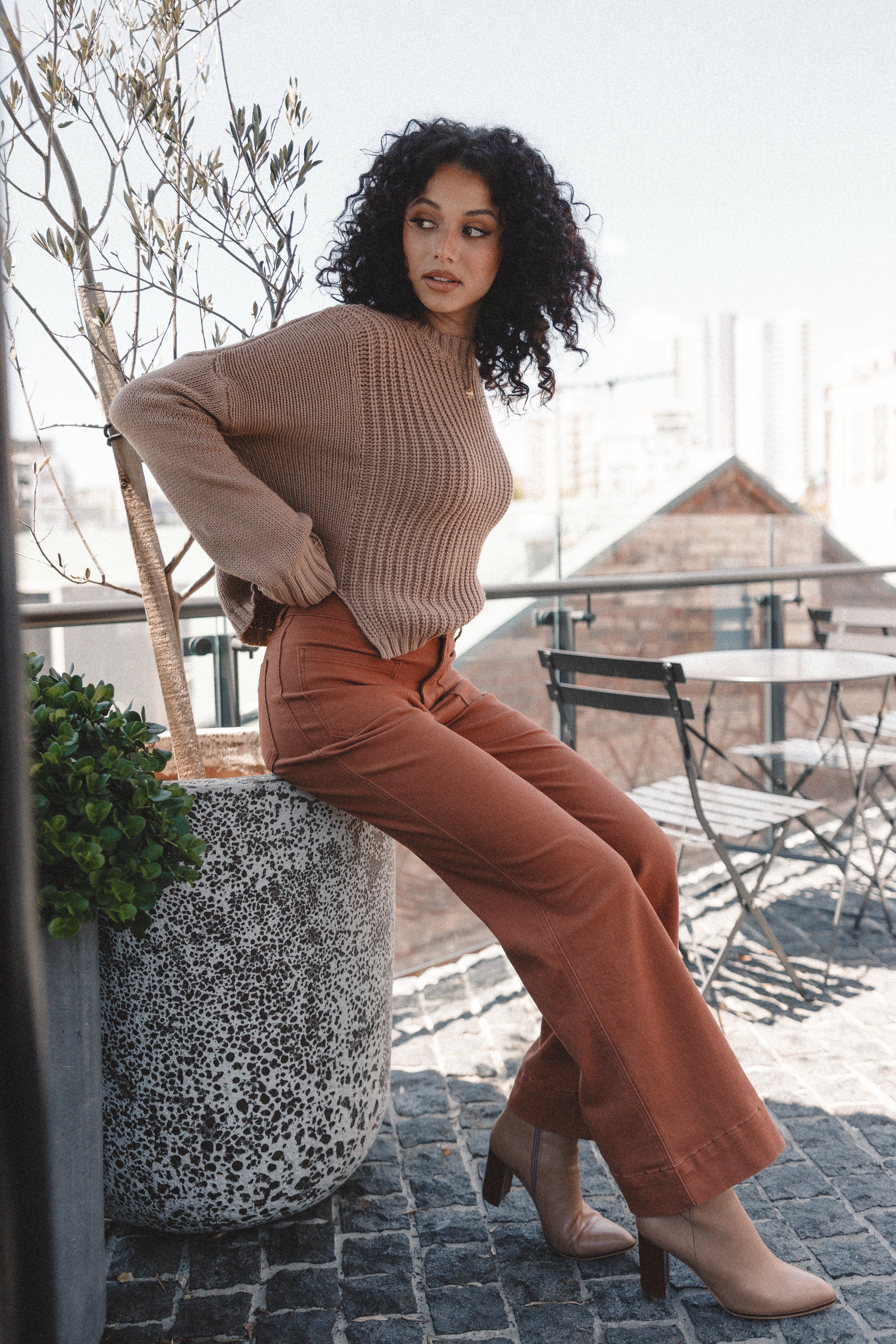 Nico High Waisted Wide Leg Jeans in Tan - Relaxed Fit Cotton