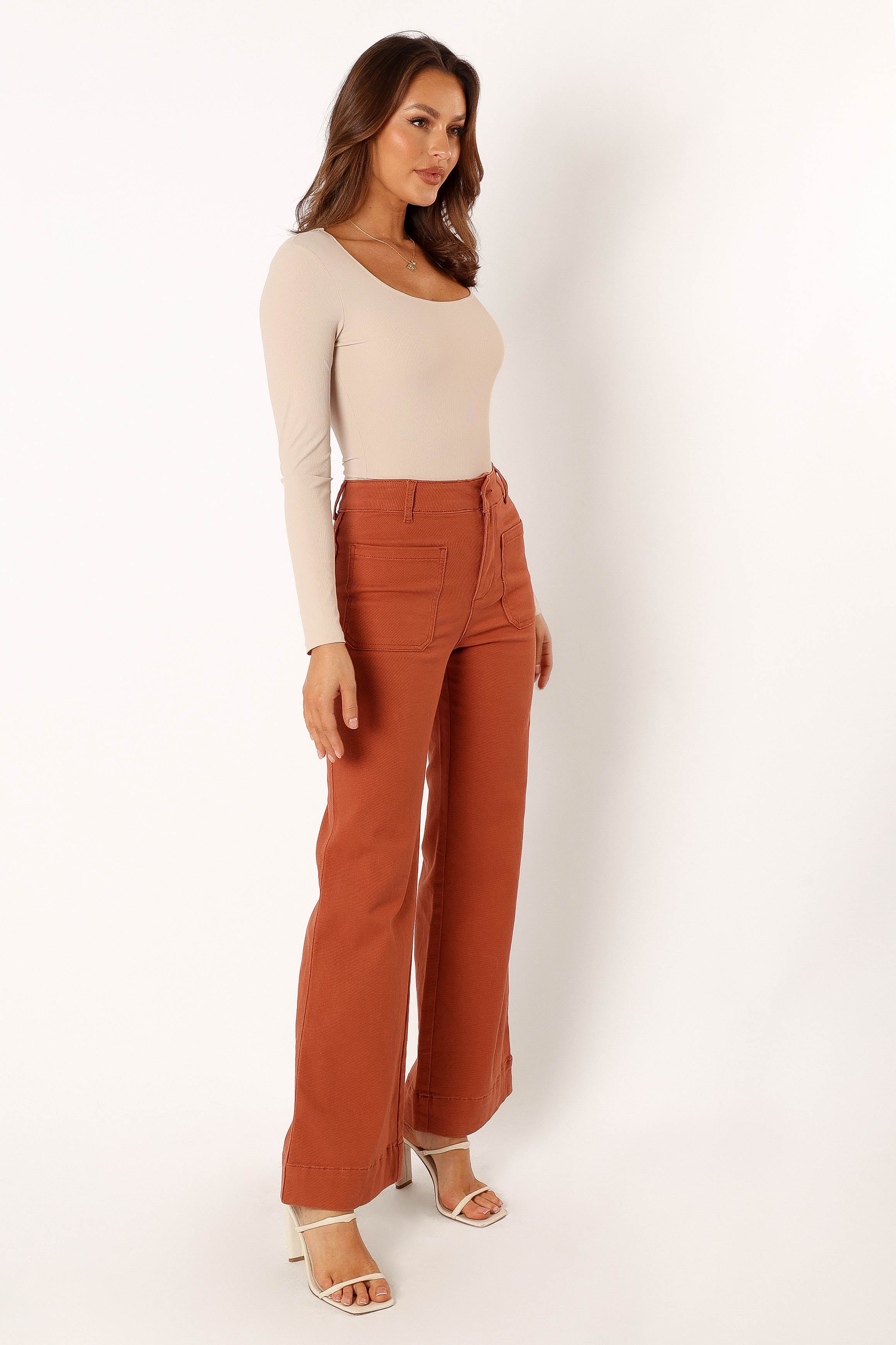 Nico High Waisted Wide Leg Jeans in Tan - Relaxed Fit Cotton