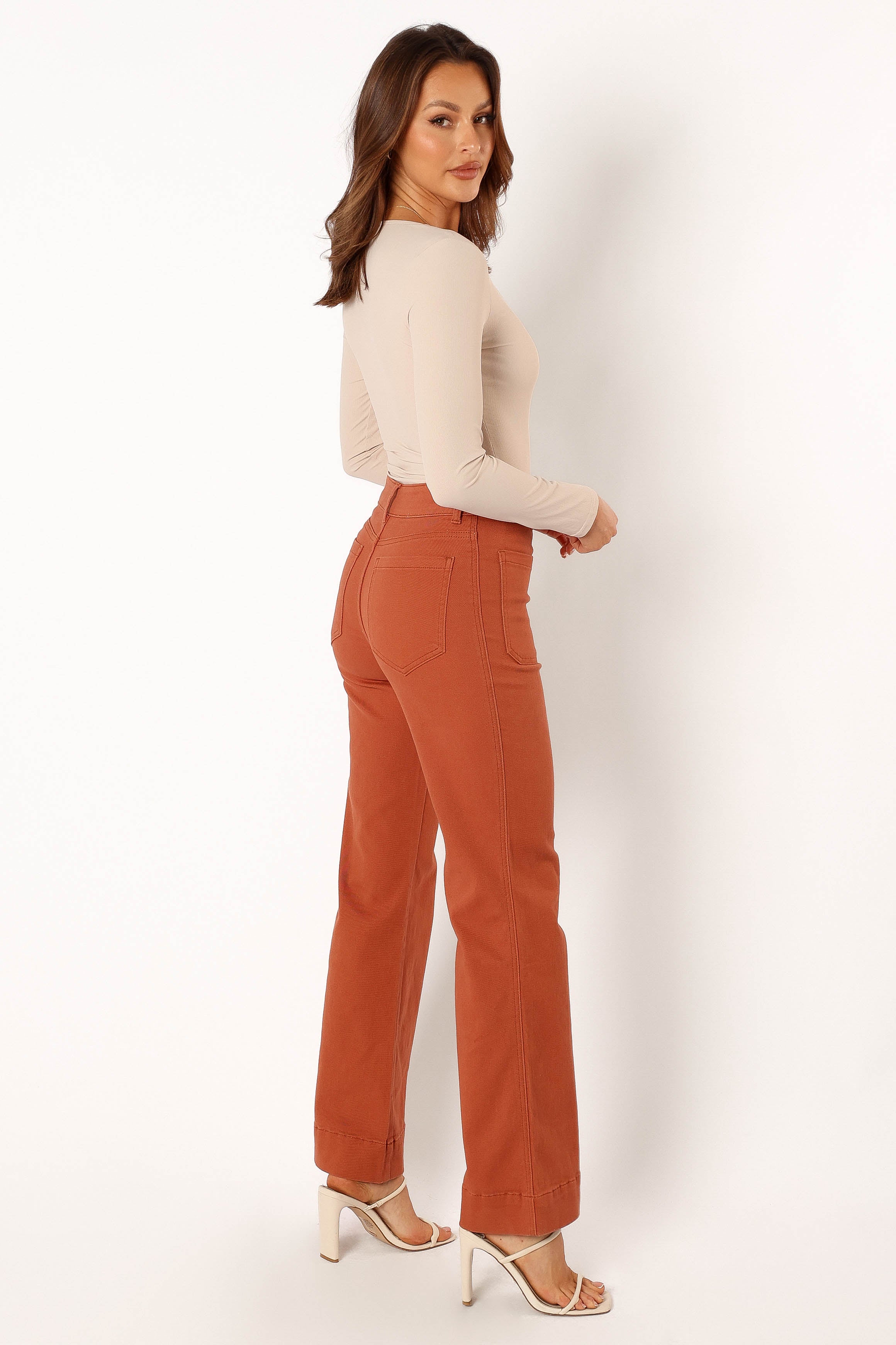 Nico High Waisted Wide Leg Jeans in Tan - Relaxed Fit Cotton