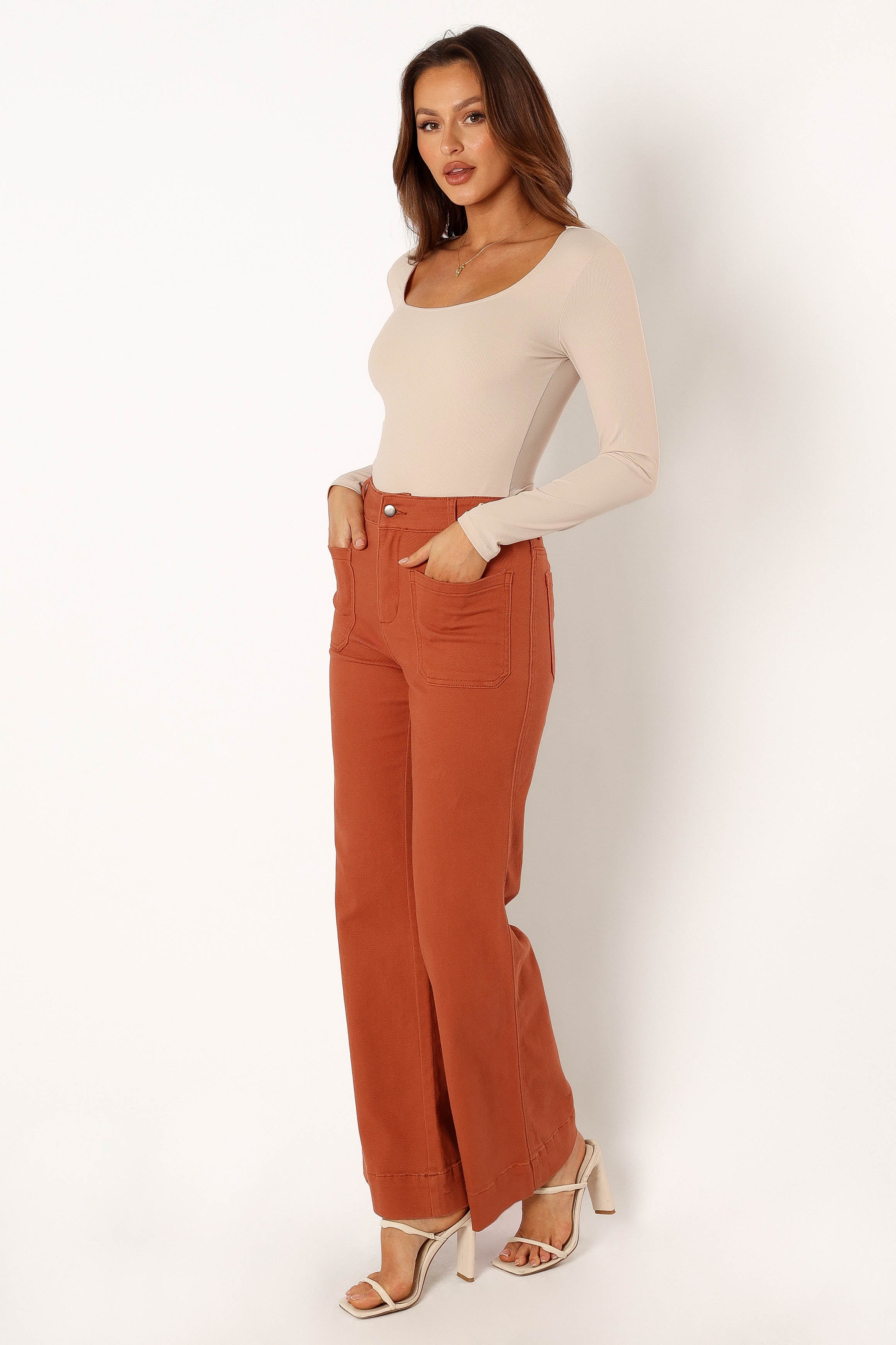 Nico High Waisted Wide Leg Jeans in Tan - Relaxed Fit Cotton