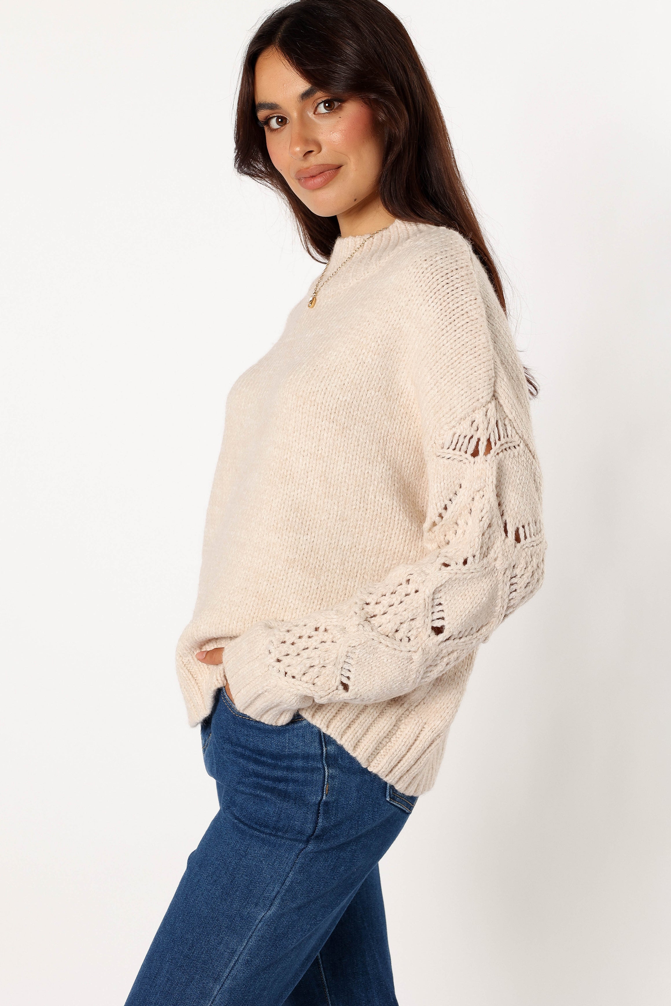 Rebekah Crochet Turtleneck Sweater - Cream Knit Long Sleeve