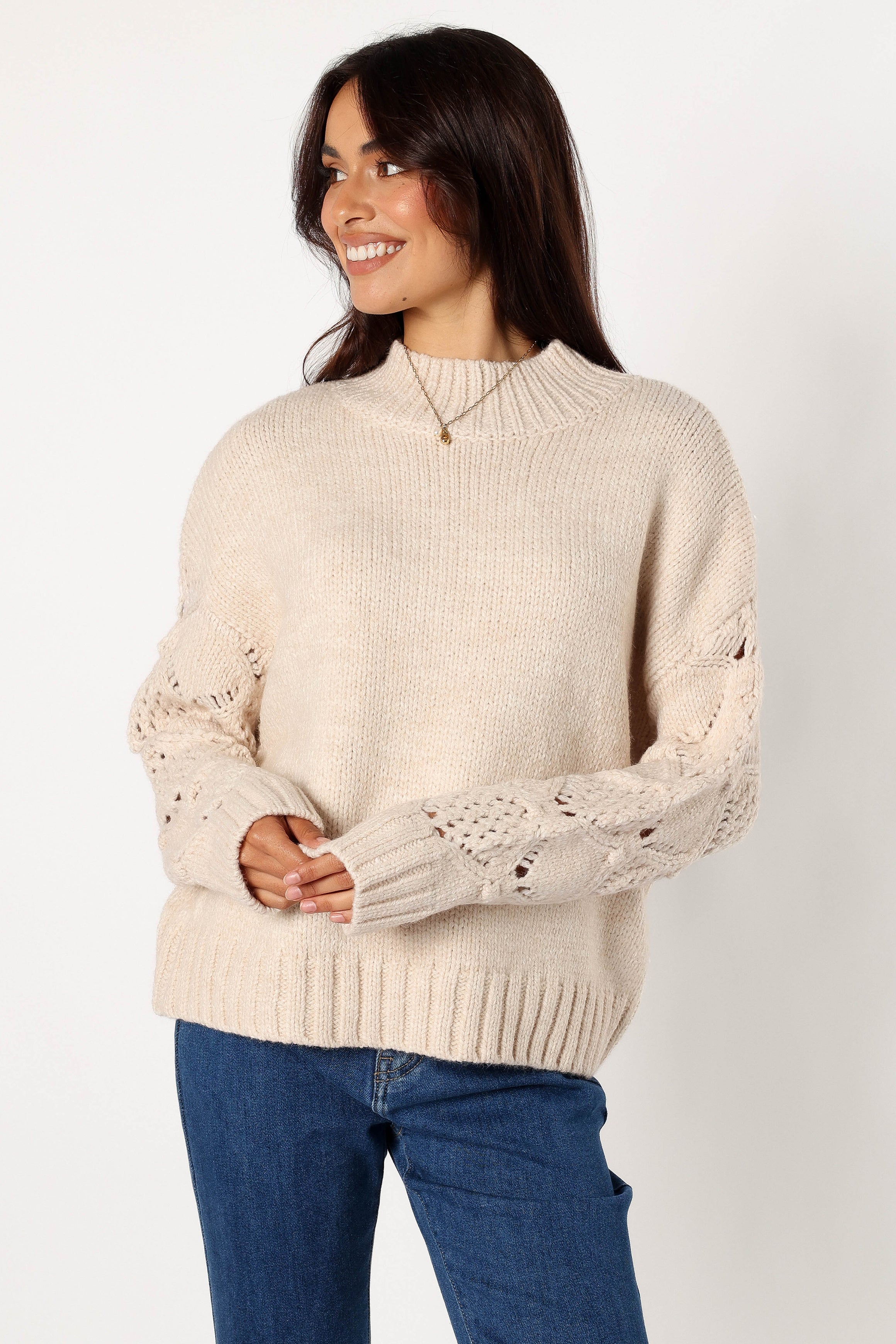 Rebekah Crochet Turtleneck Sweater - Cream Knit Long Sleeve