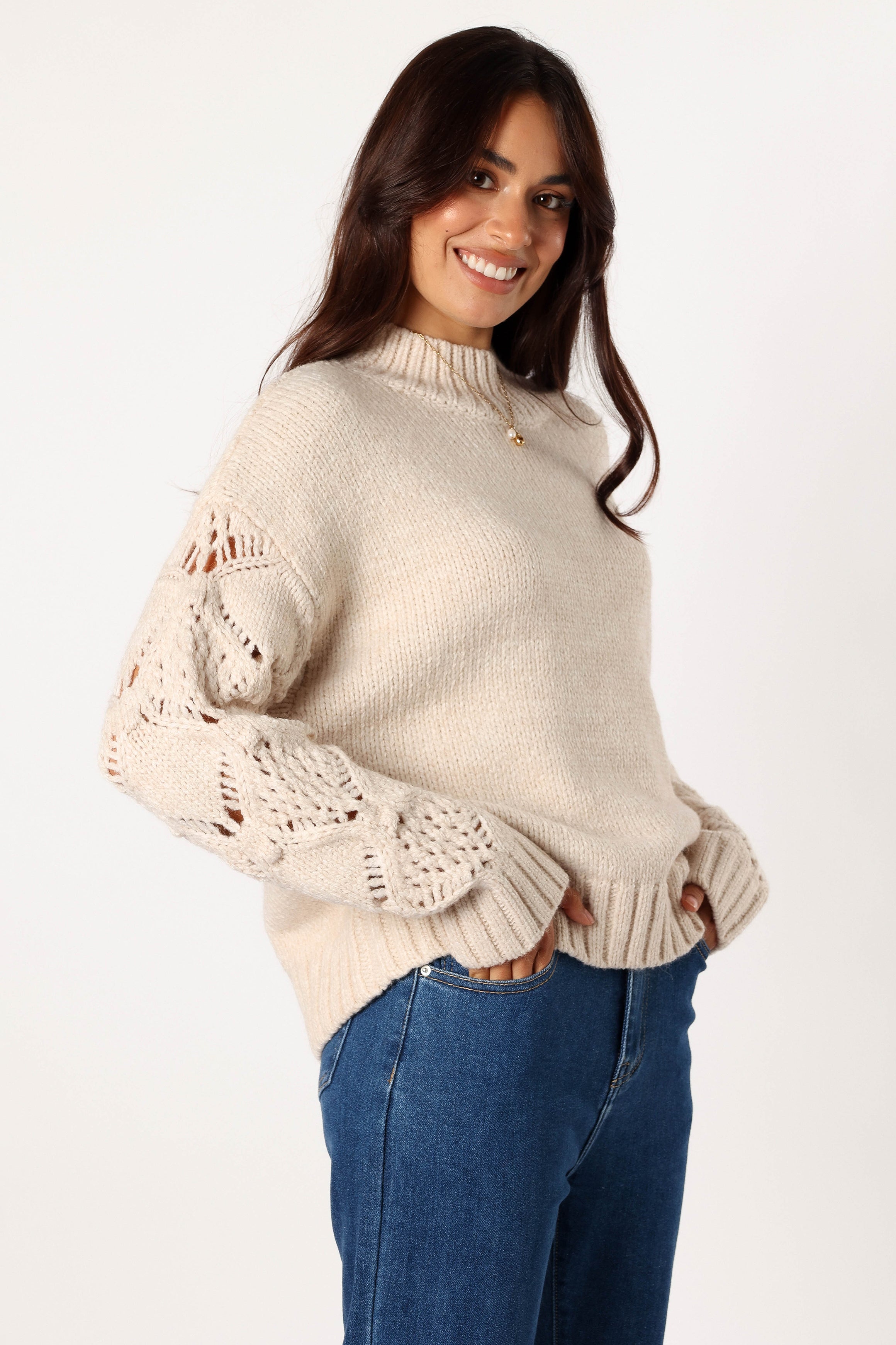 Rebekah Crochet Turtleneck Sweater - Cream Knit Long Sleeve