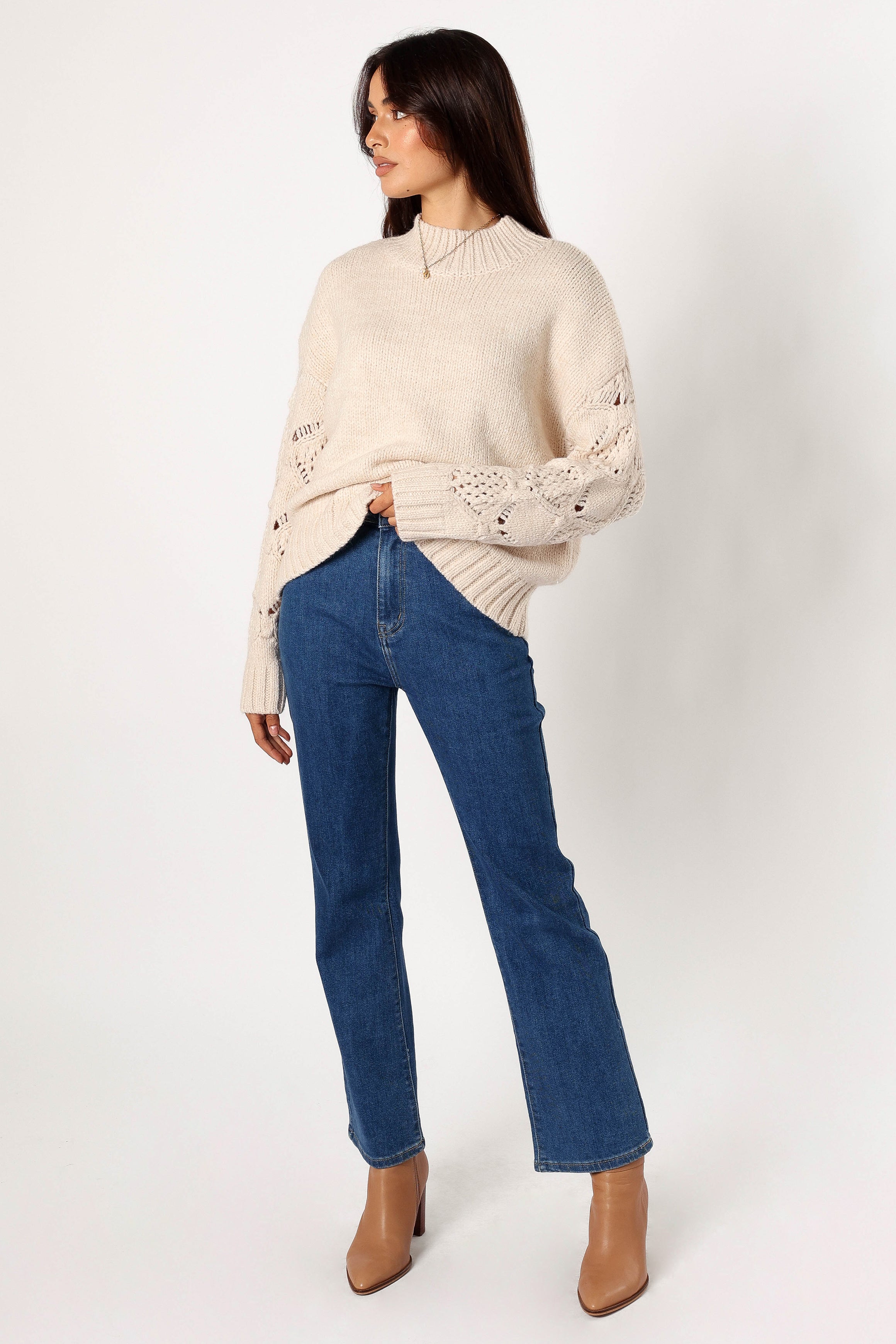 Rebekah Crochet Turtleneck Sweater - Cream Knit Long Sleeve